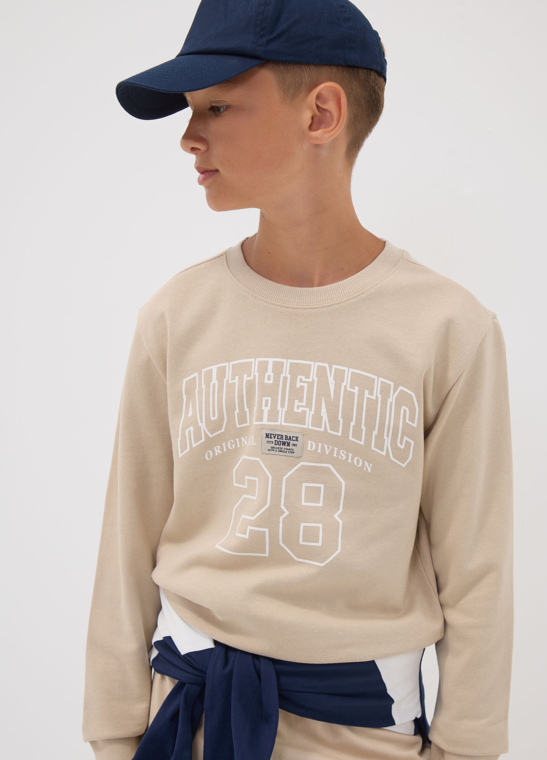 Beige pure organic cotton crew-neck sweatshirt with print for boys