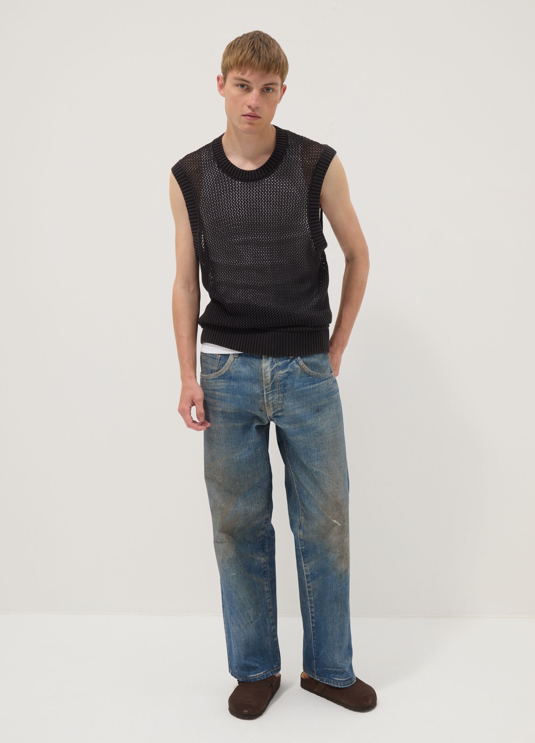 Black pure cotton mesh sleeveless top, oversized fit