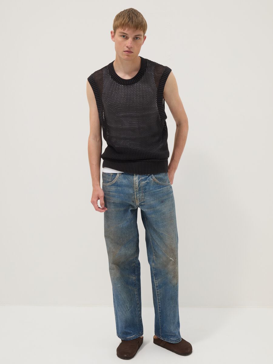 Maglia smanicata nera in puro cotone a rete over fit_2