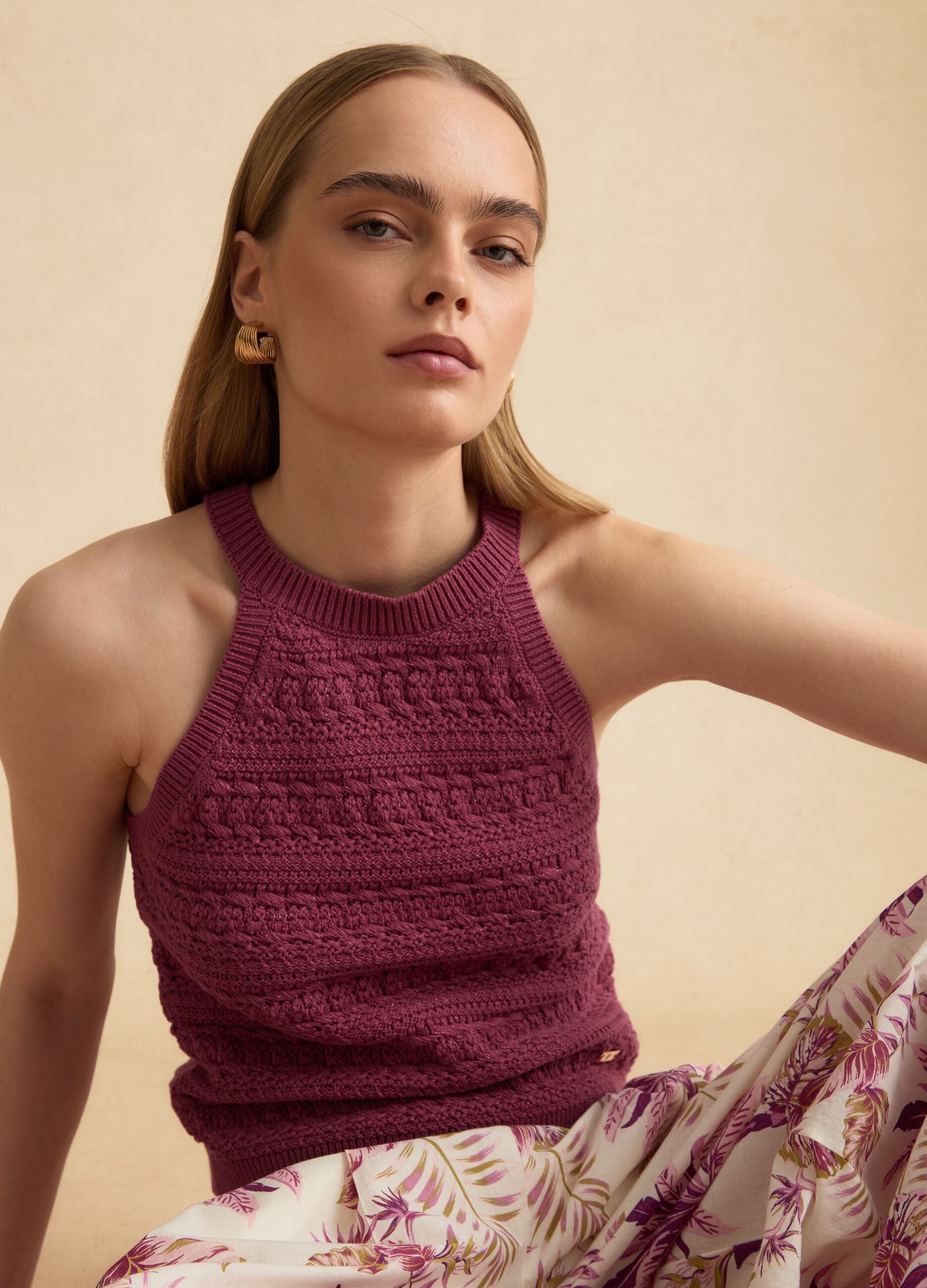 Purple knitted cotton-blend tank top
