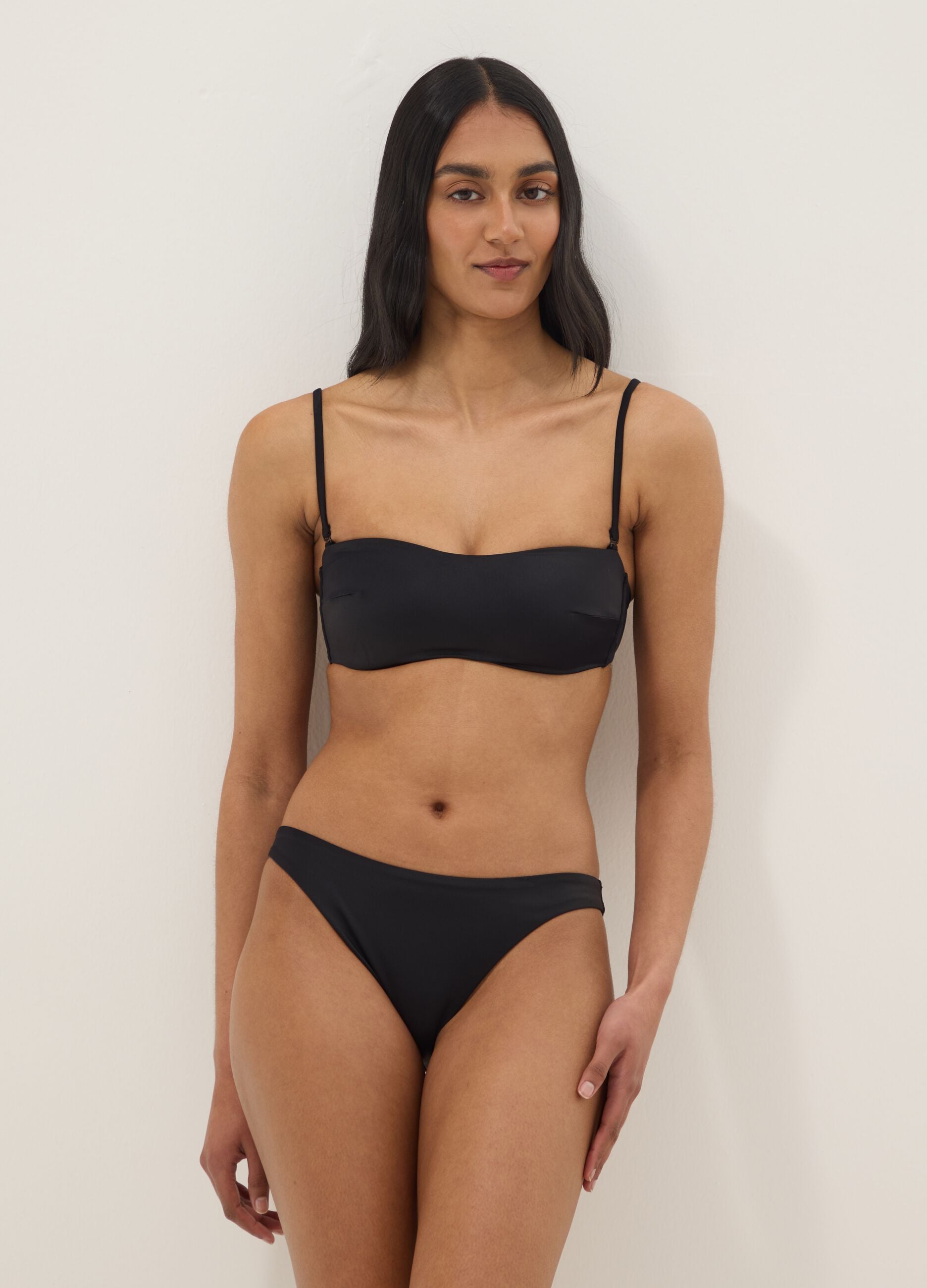 Black bandeau bikini top in stretch fabric with padding