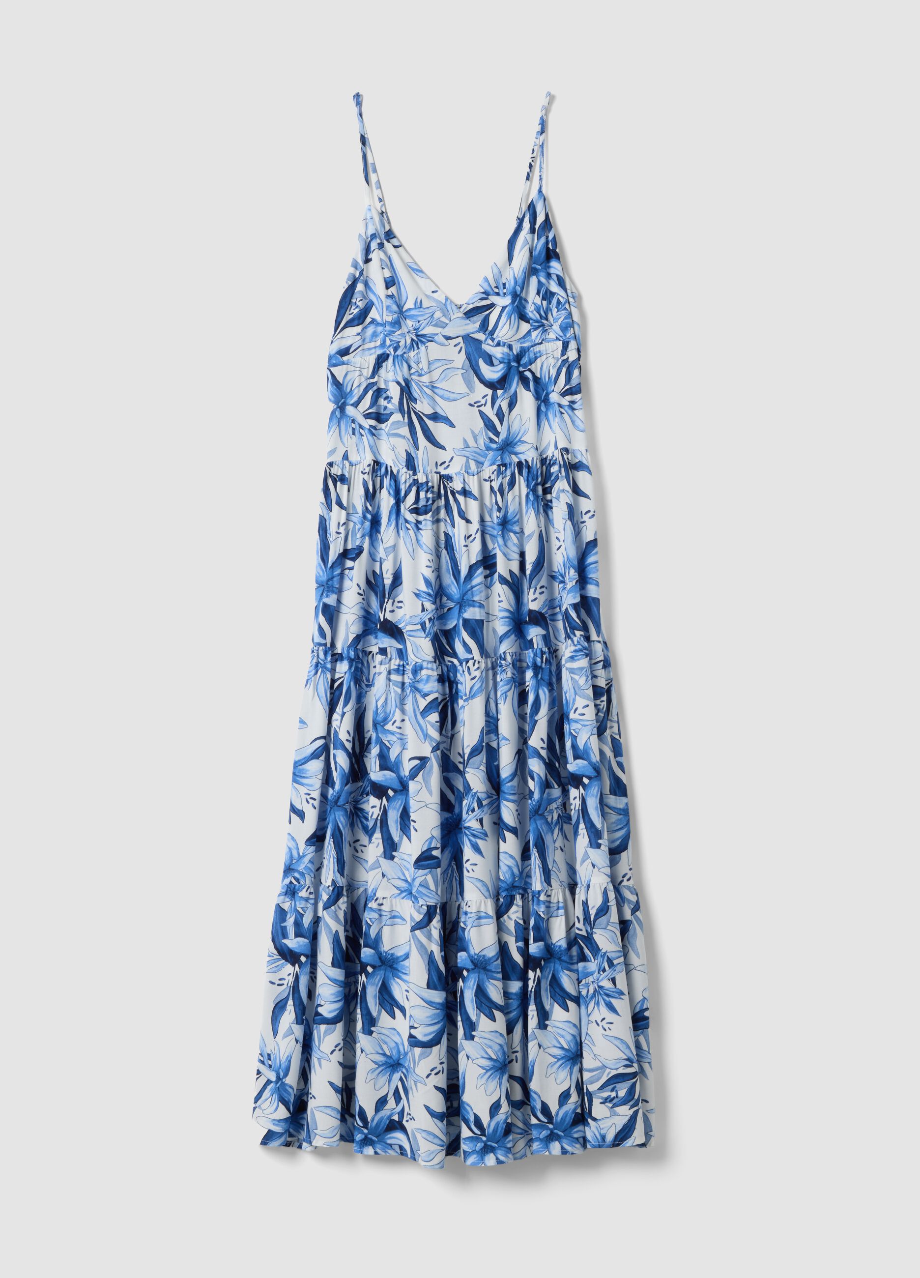 Blue and white pure viscose maxi dress with floral print