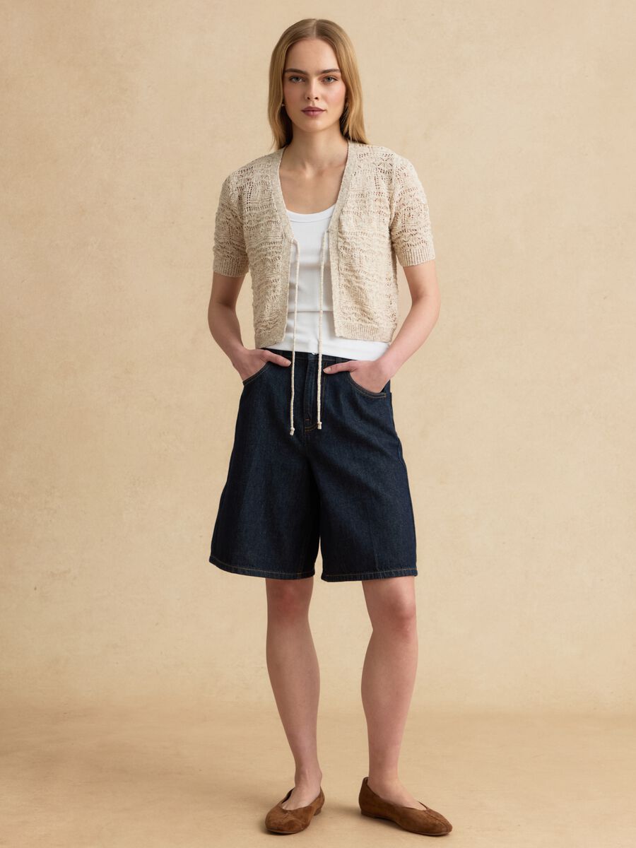 Beige crochet-style cotton and linen blend cardigan with deep V-neck, regular fit_2