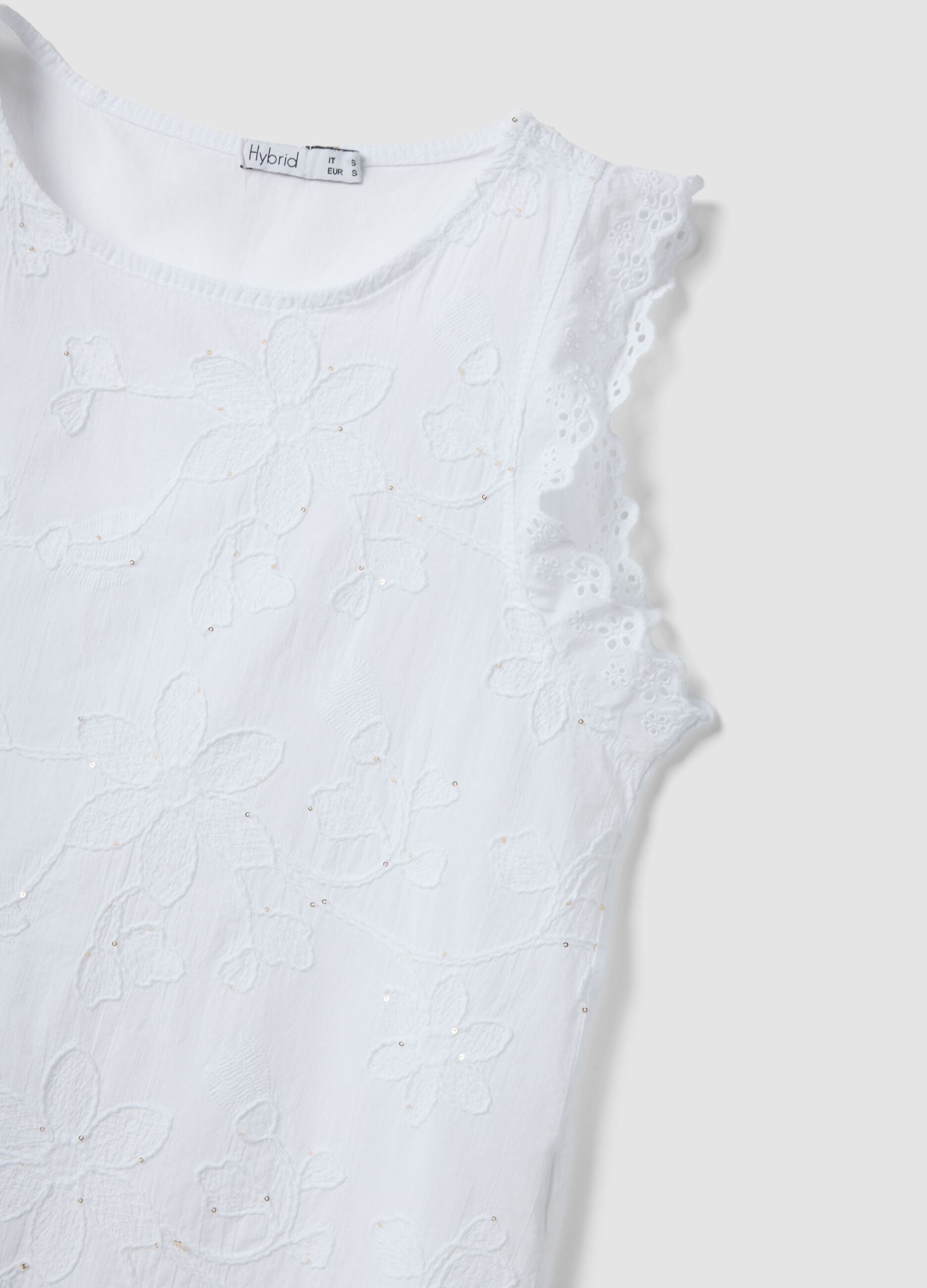 White pure cotton blouse with floral embroidery, regular fit