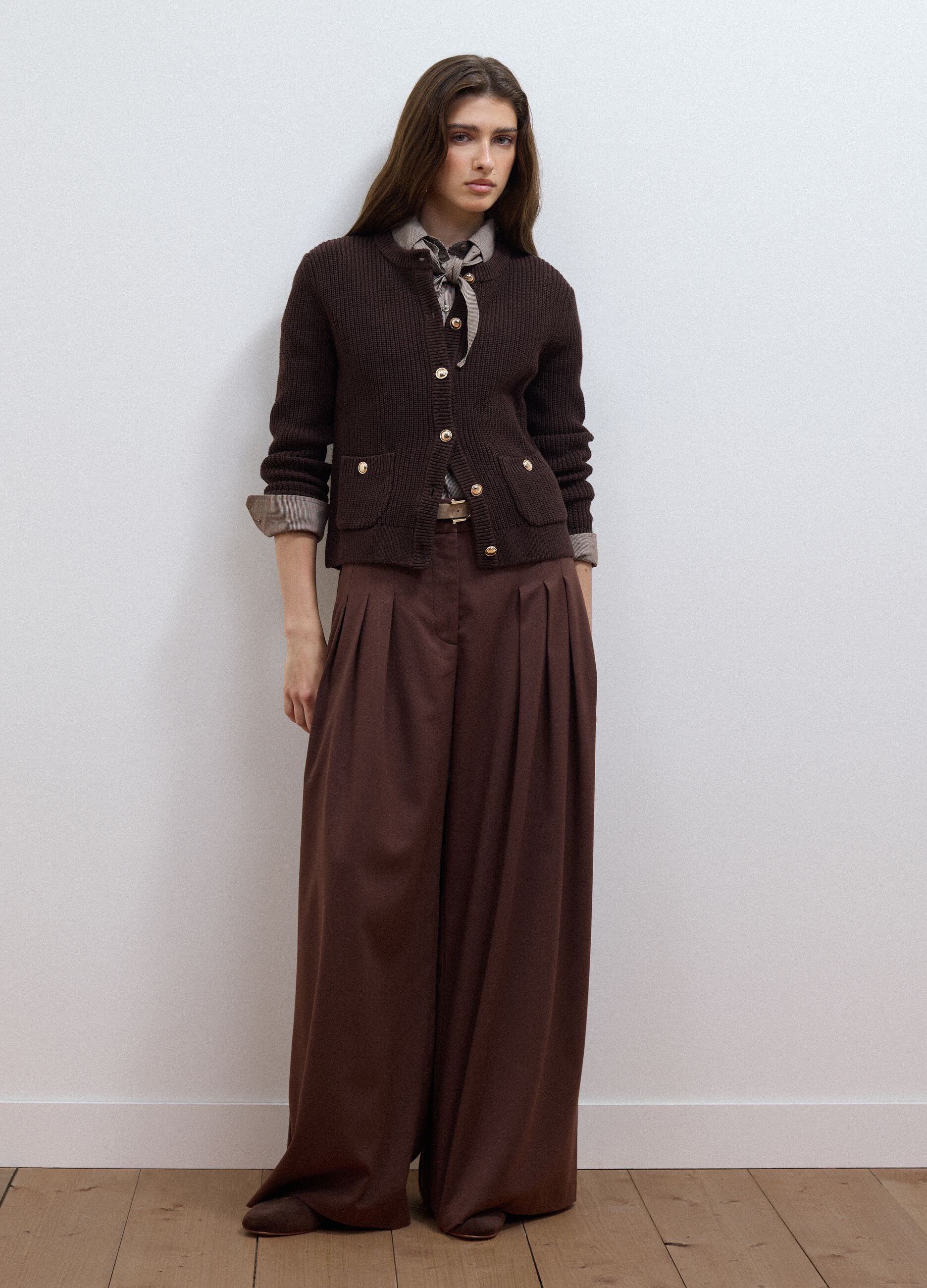 Brown pure cotton crew-neck knit cardigan