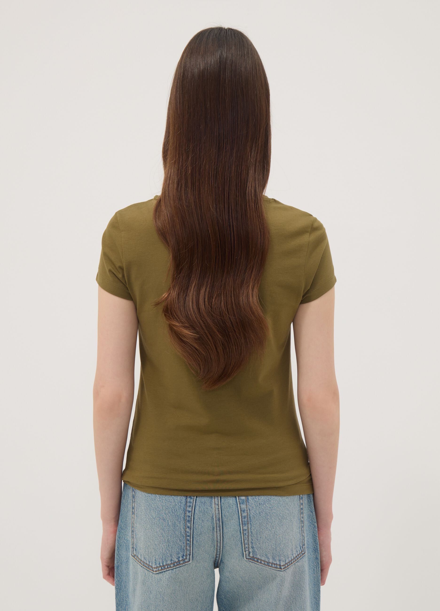 Green stretch cotton crew-neck T-shirt, regular fit