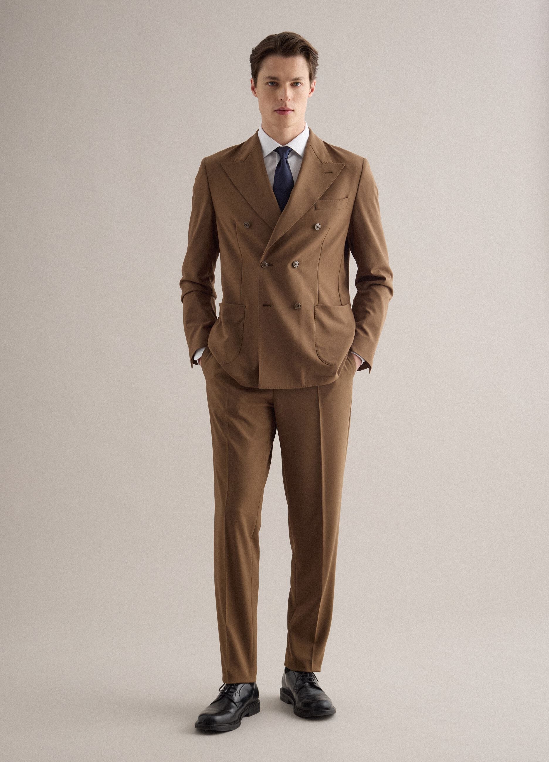 Brown slim fit elegant trousers with elastic waistband