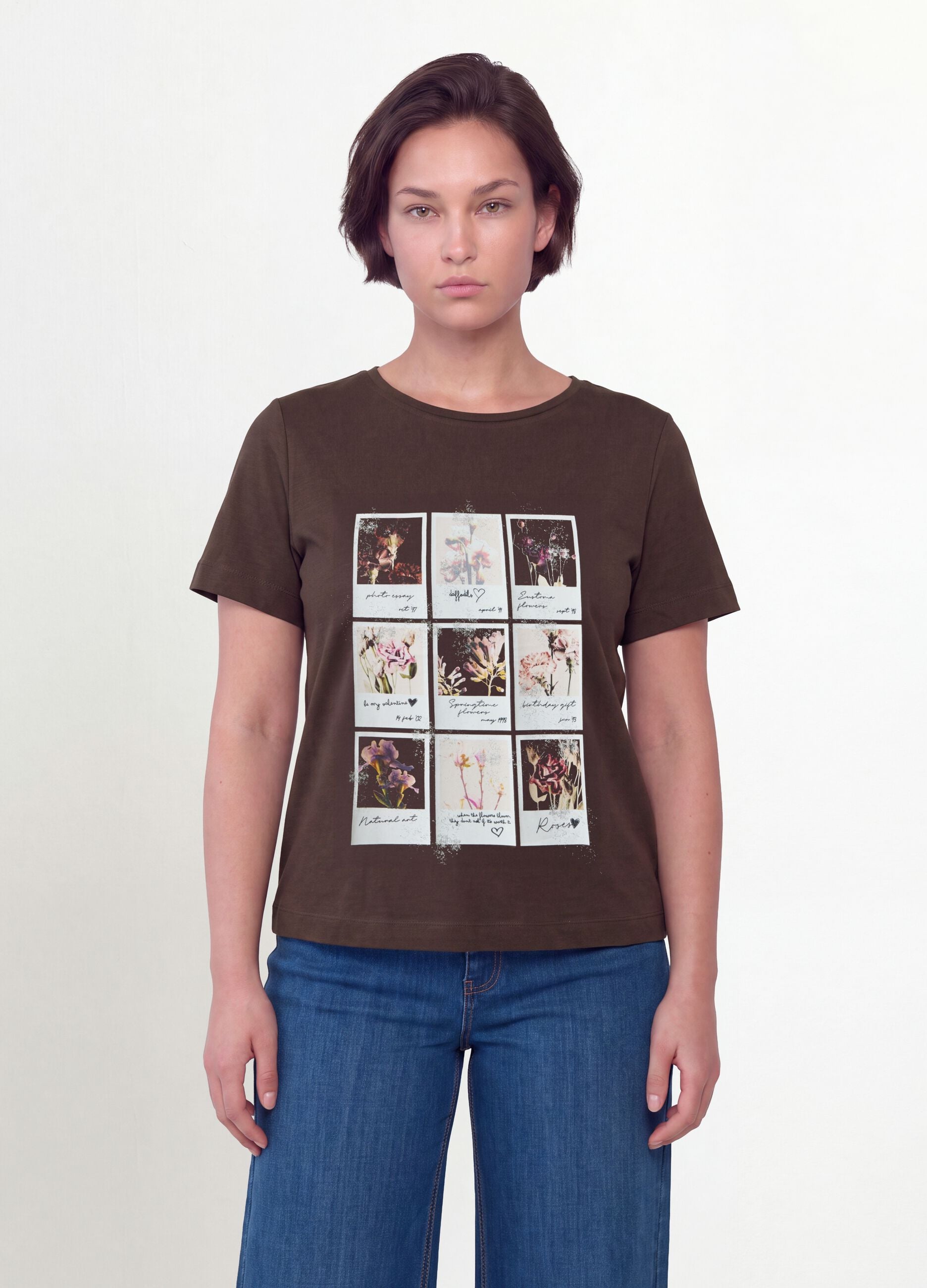Brown pure cotton T-shirt with floral print, regular fit