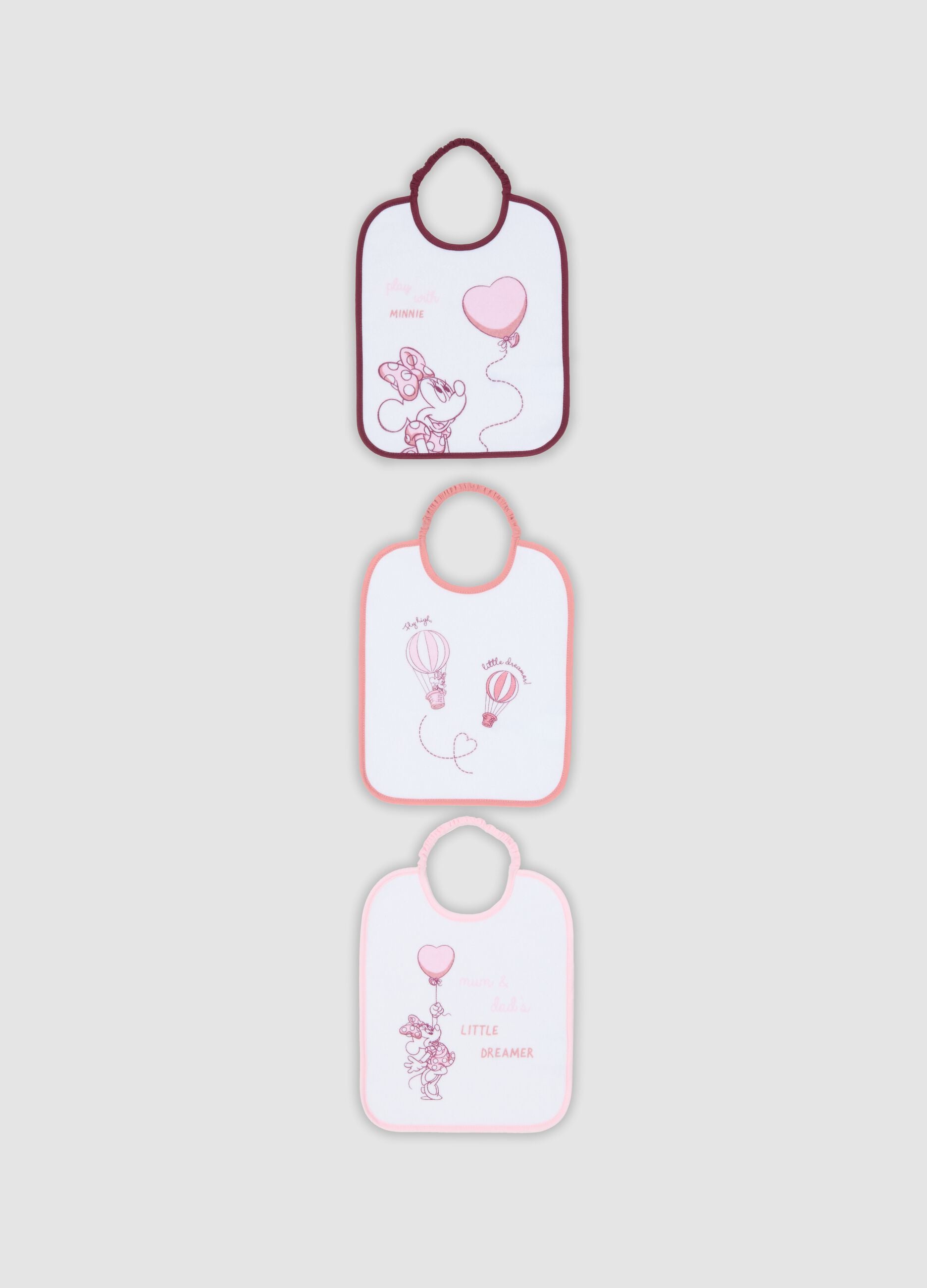 3-pack of pink and white organic cotton bibs with Minnie graphics for baby girl