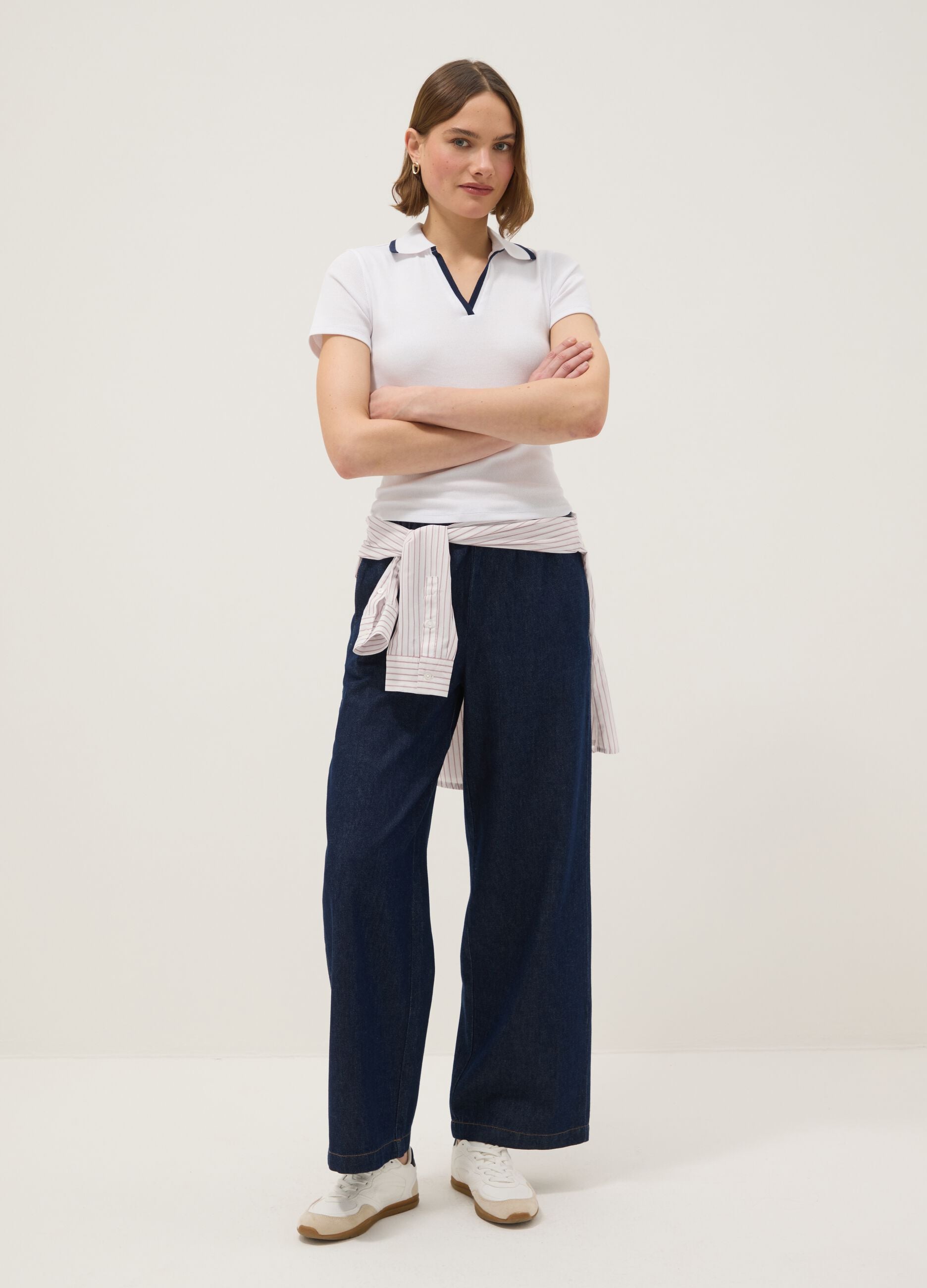 White stretch cotton regular fit polo shirt with contrasting collar
