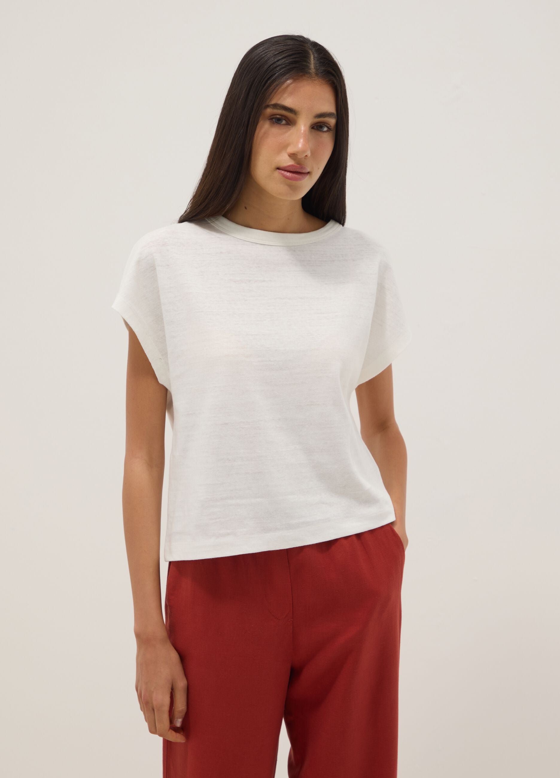 White cotton and linen blend short-sleeve T-shirt, regular fit