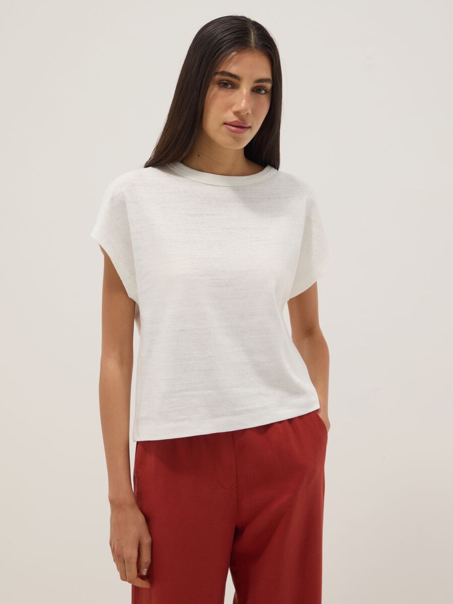 White cotton and linen blend short-sleeve T-shirt, regular fit_0