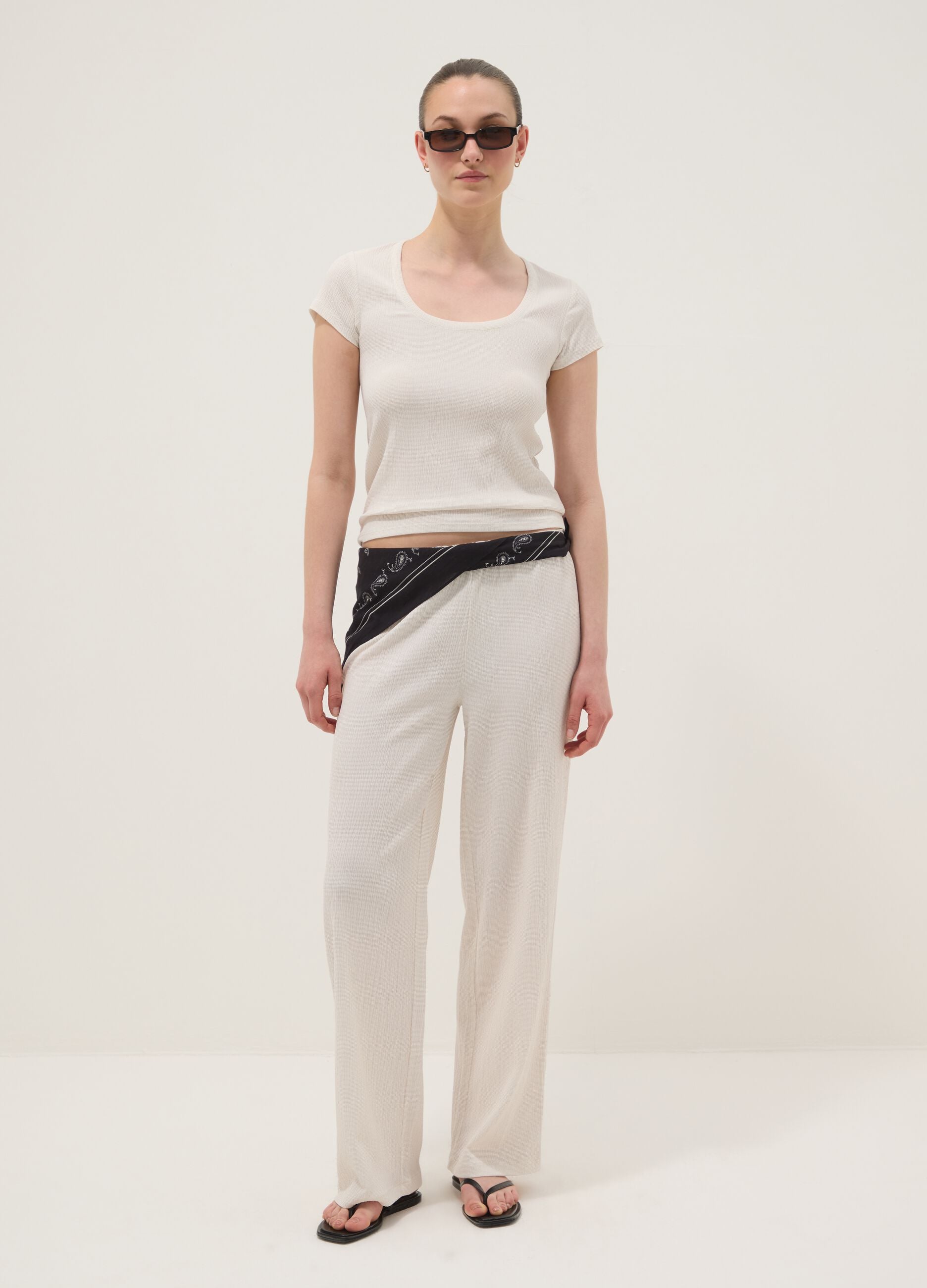 Beige stretch-fabric palazzo trousers