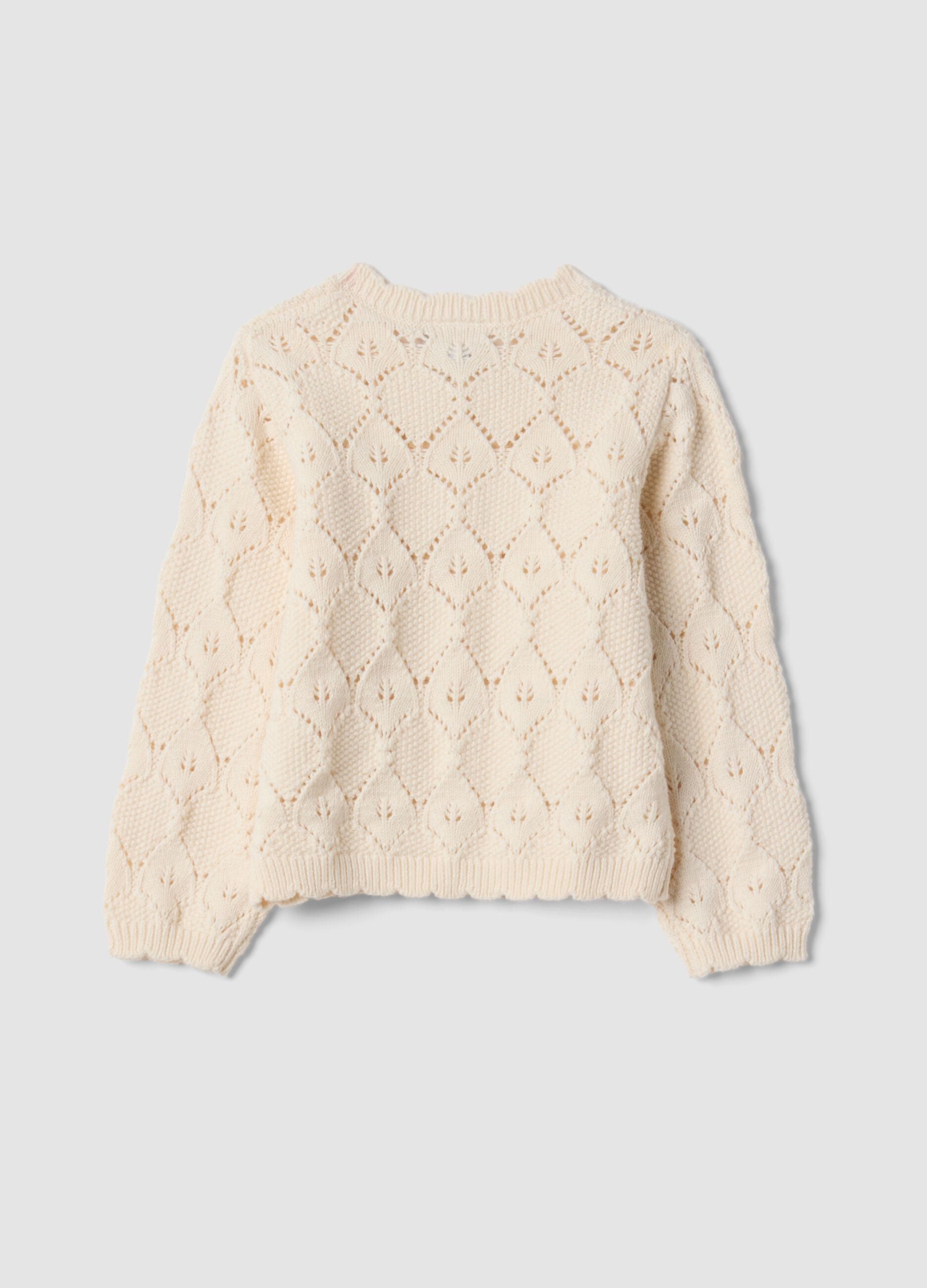 Beige openwork cotton-blend crew-neck cardigan
