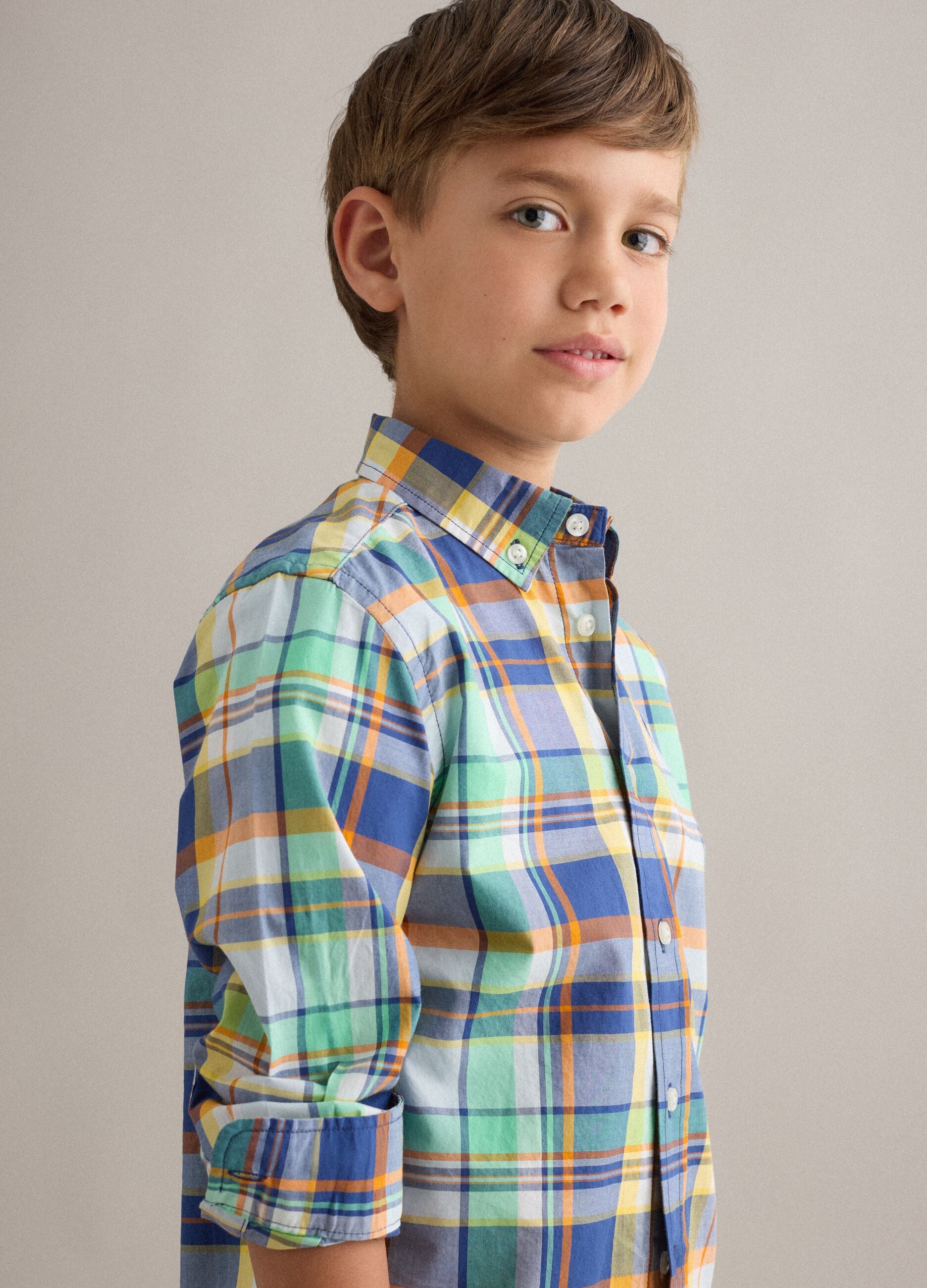 Kids' regular fit multicolor check pure cotton shirt