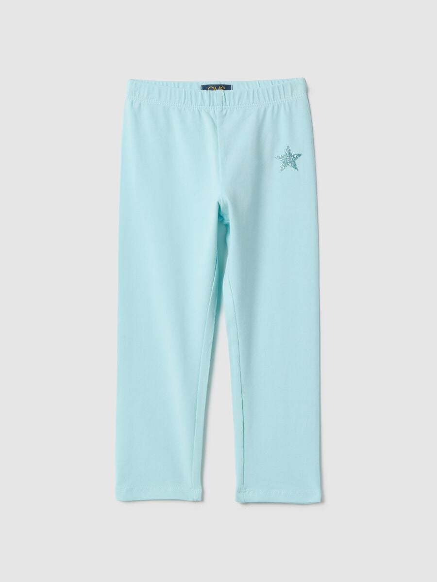 Girls' Slim Fit Blue Stretch Cotton Leggings with Star_0