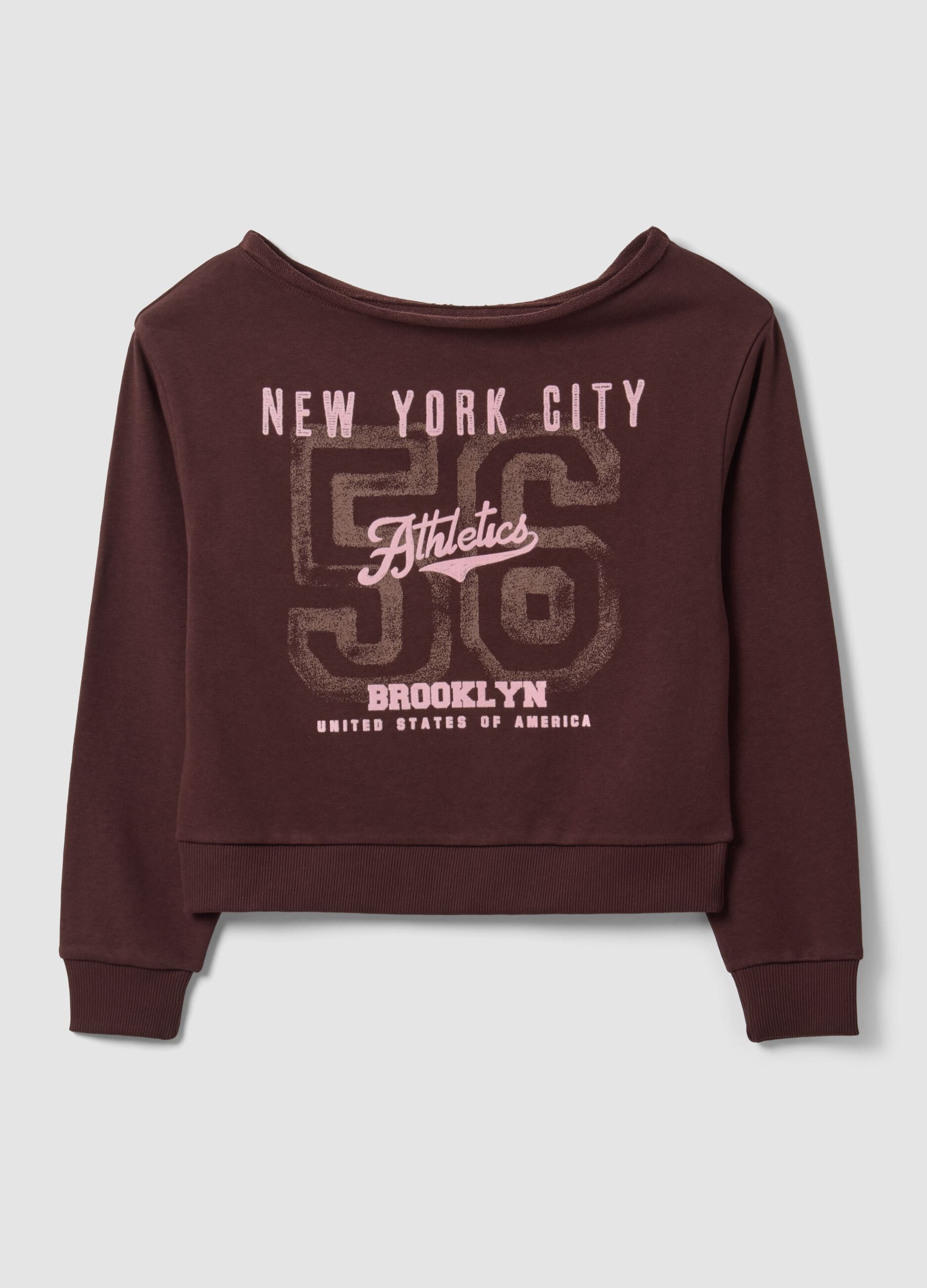 Brown cotton-blend sweatshirt with wide neckline, regular fit