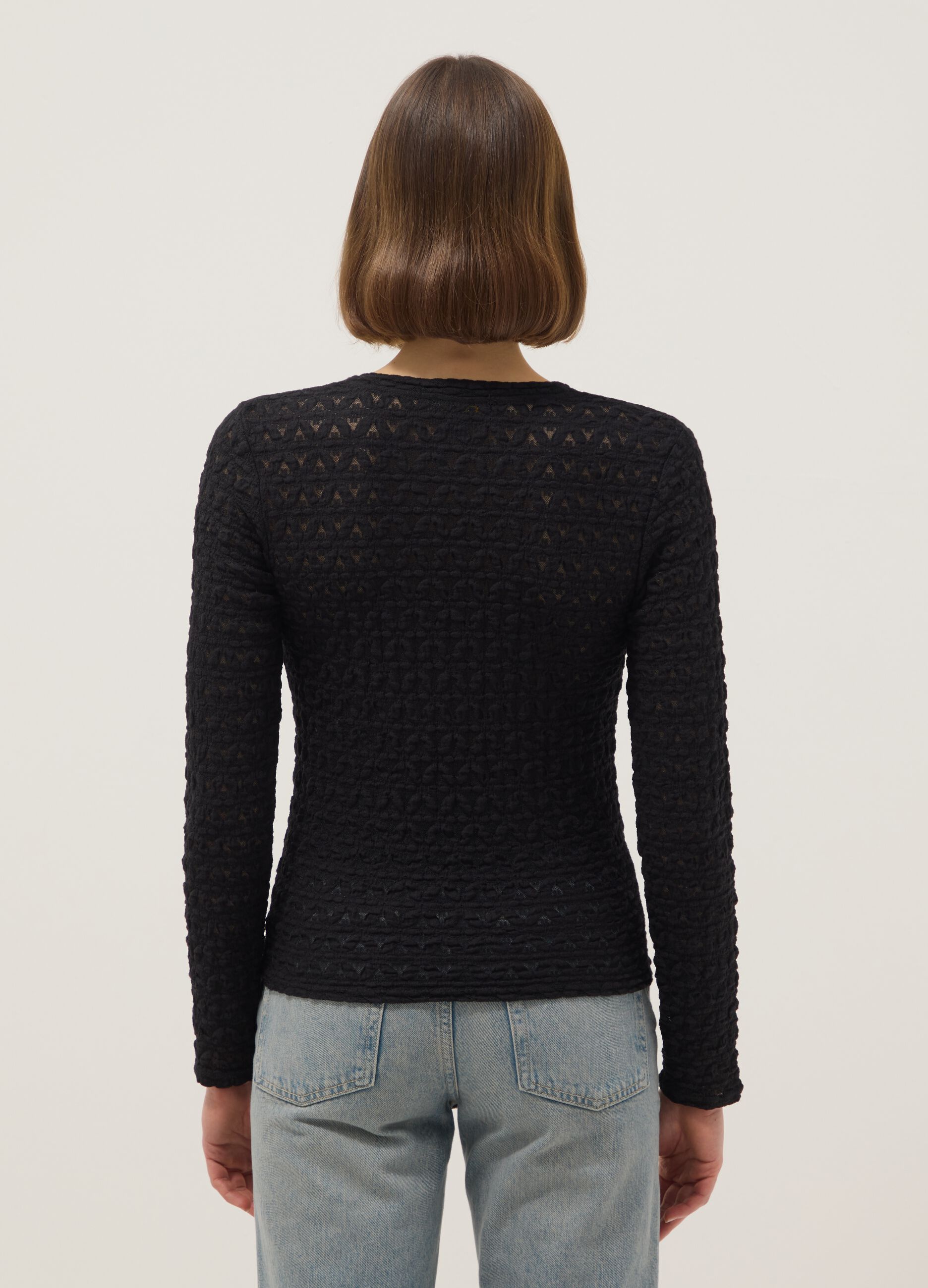Black regular-fit cotton and viscose blend sweater with knitted texture