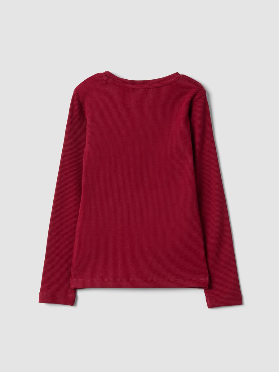 Red ribbed stretch cotton T-shirt with teddy bear embroidery_1