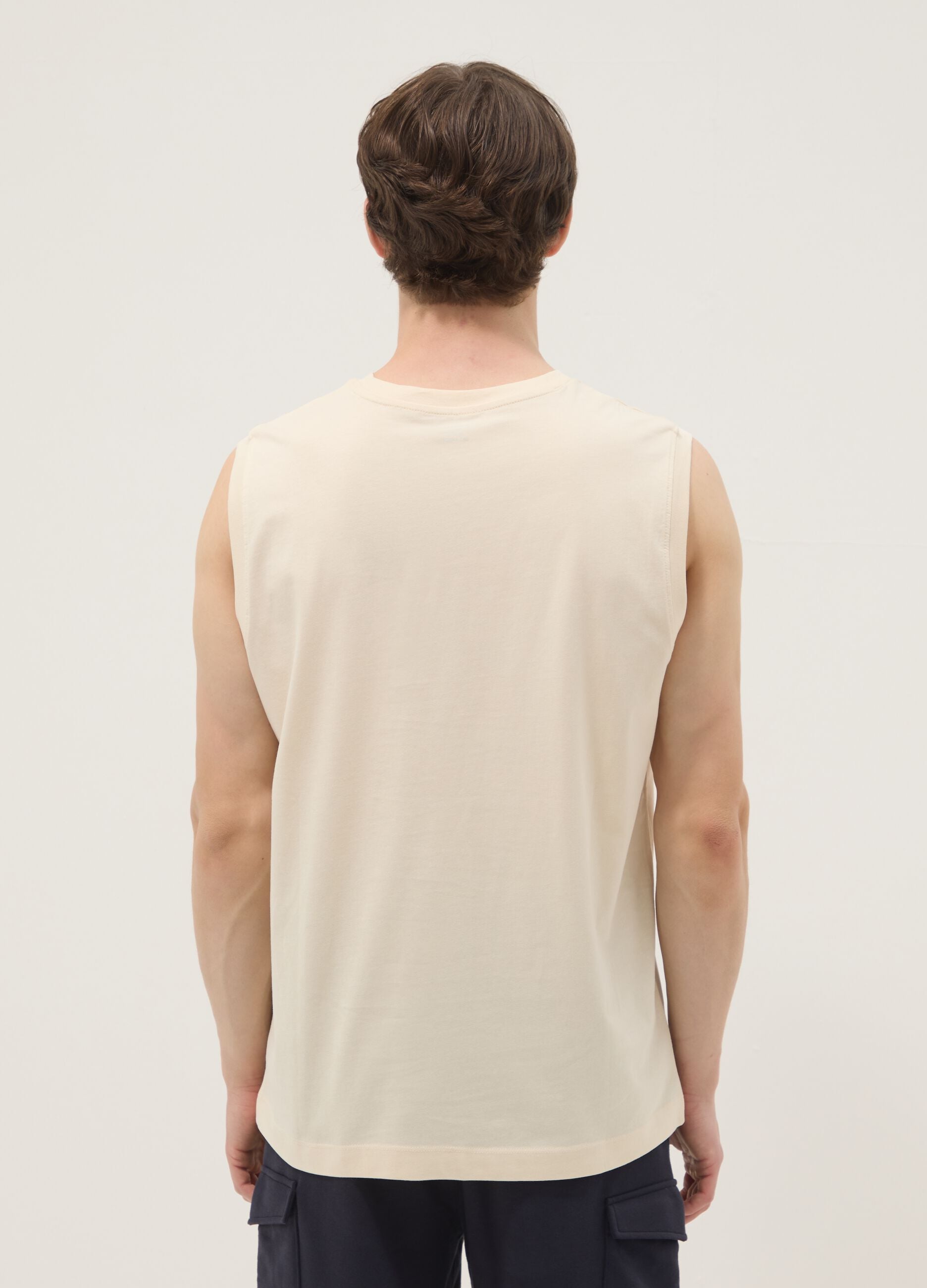 Beige crew-neck pure cotton vest top, relaxed fit
