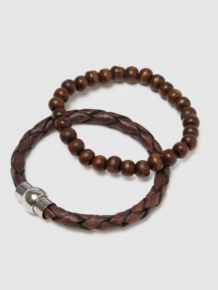 Bipack bracciali in vera pelle e legno marrone_2