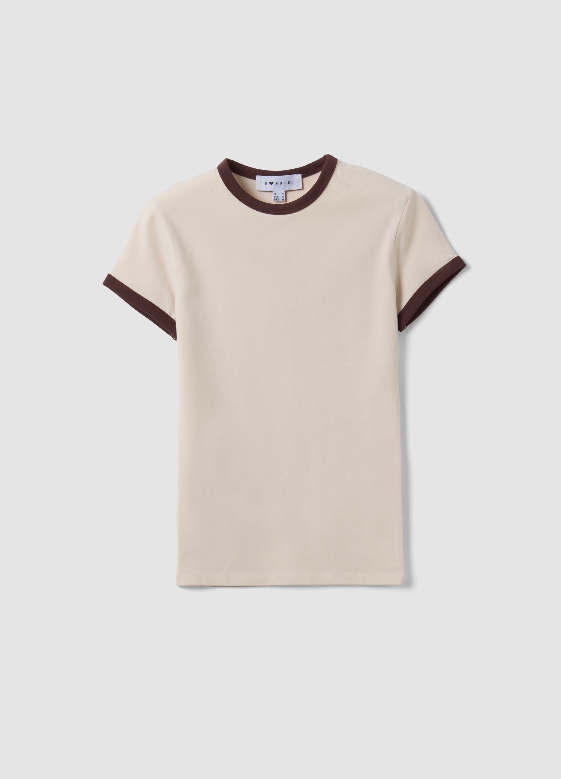 Beige fitted stretch cotton T-shirt with contrast trims
