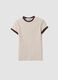 Beige fitted stretch cotton T-shirt with contrast trims_4