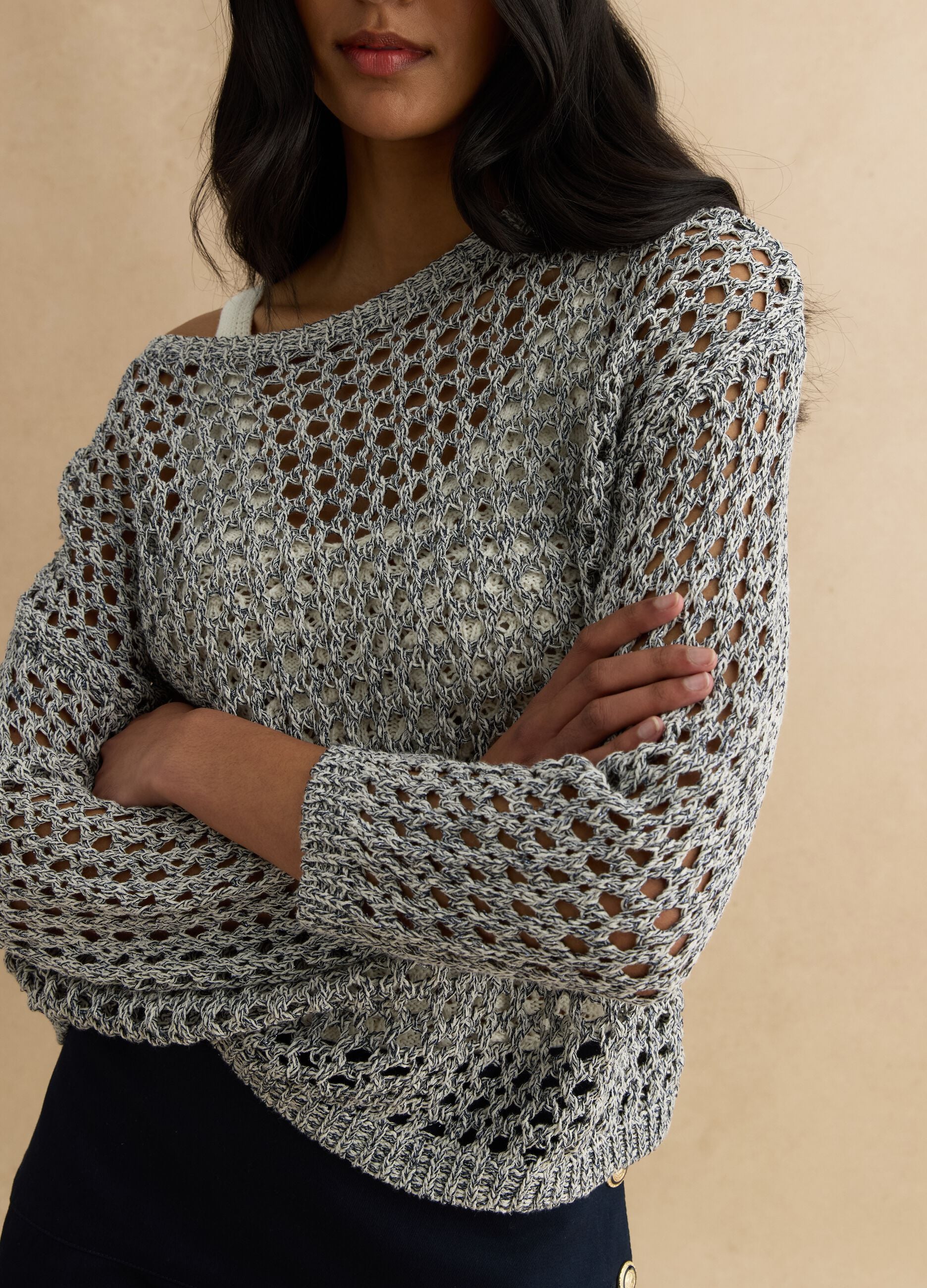 Grey cotton blend jumper with mesh pattern
