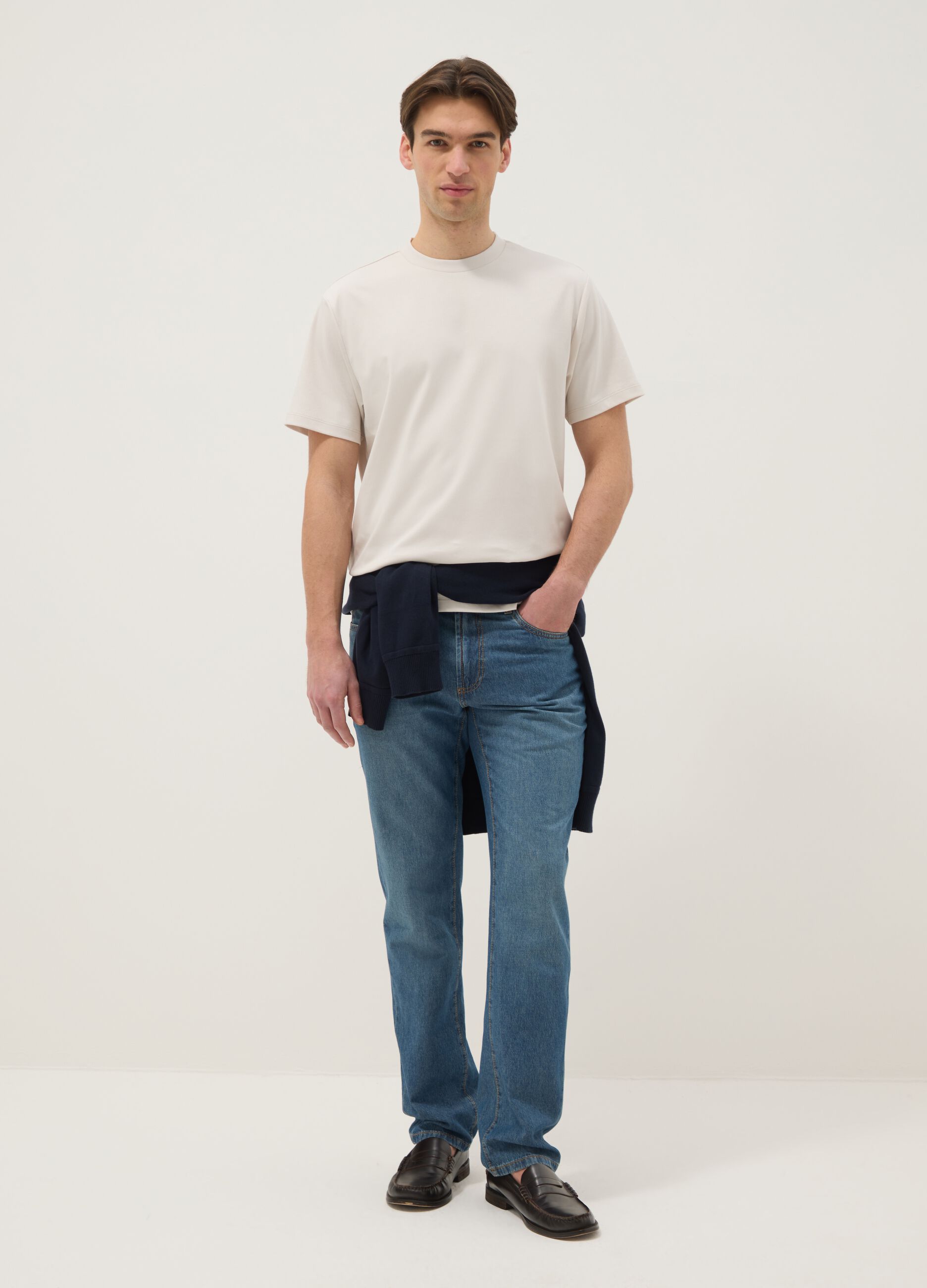 Beige crew neck pure cotton t-shirt regular fit