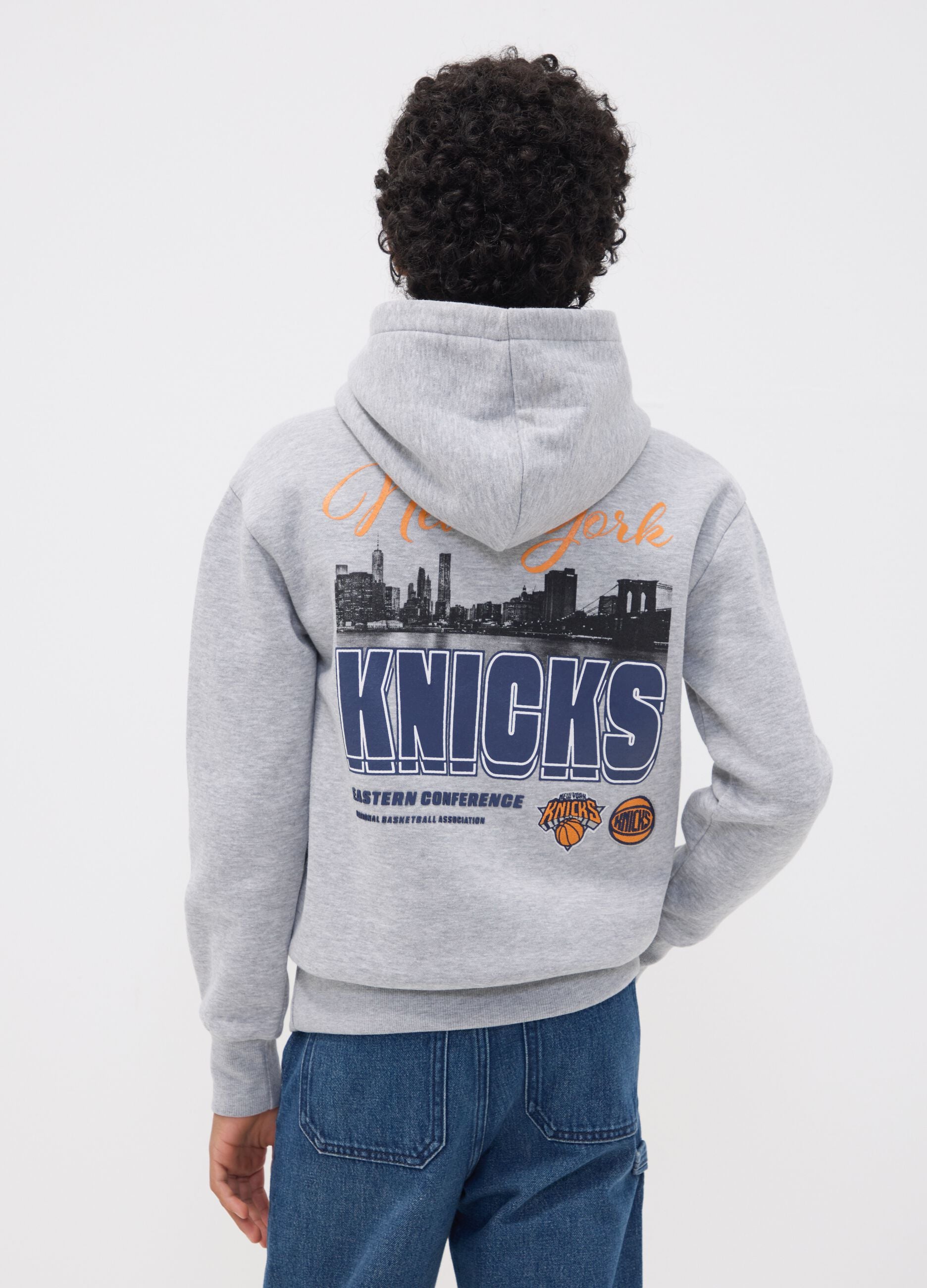 Grey cotton-blend hoodie with New York Knicks print