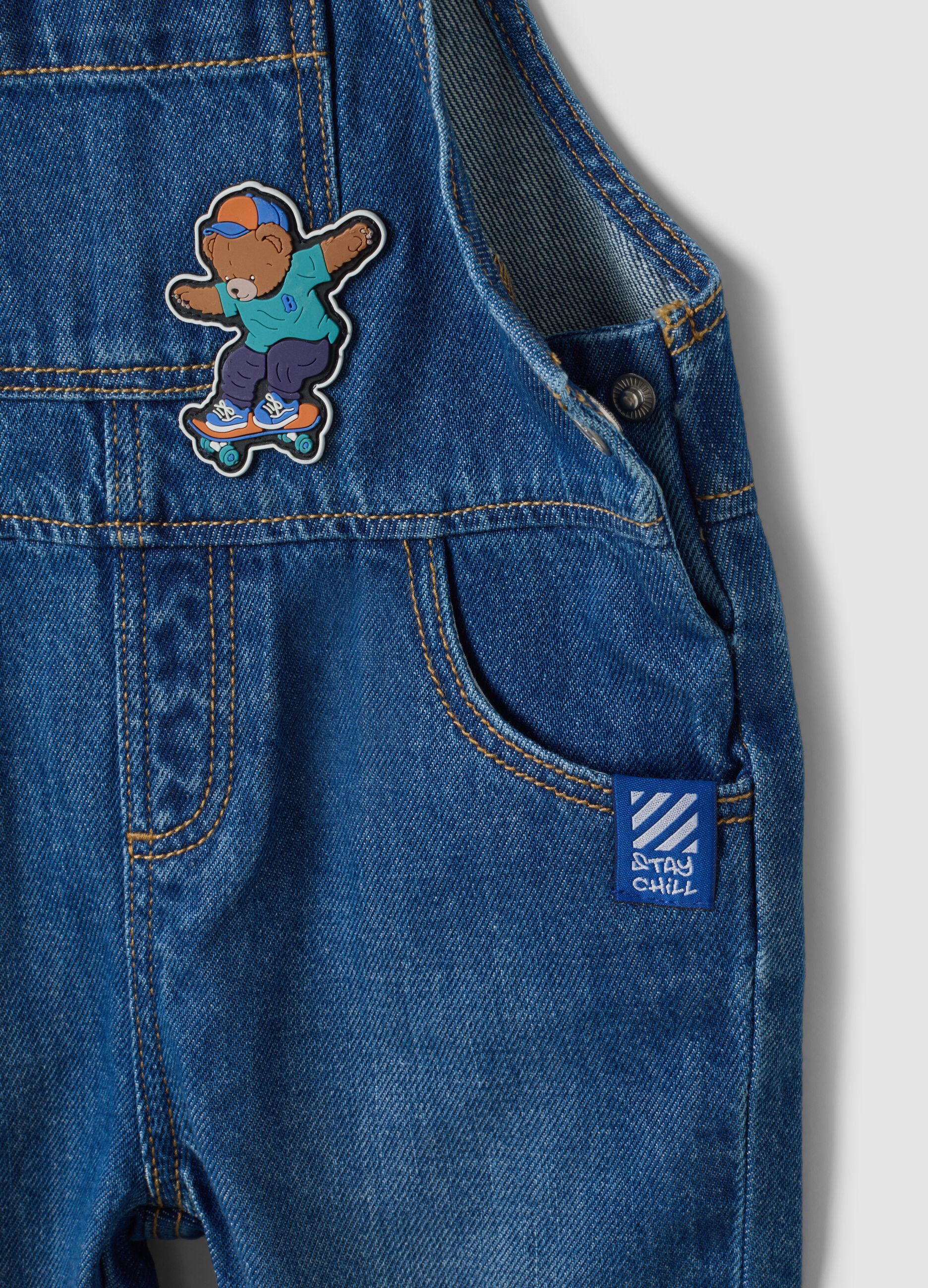 Blue pure cotton denim dungarees with teddy bear motif for baby boy