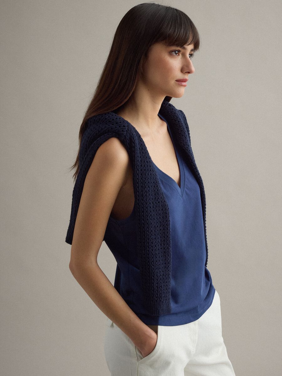 Tank top in misto cotone blu regular fit con scollo a V_0