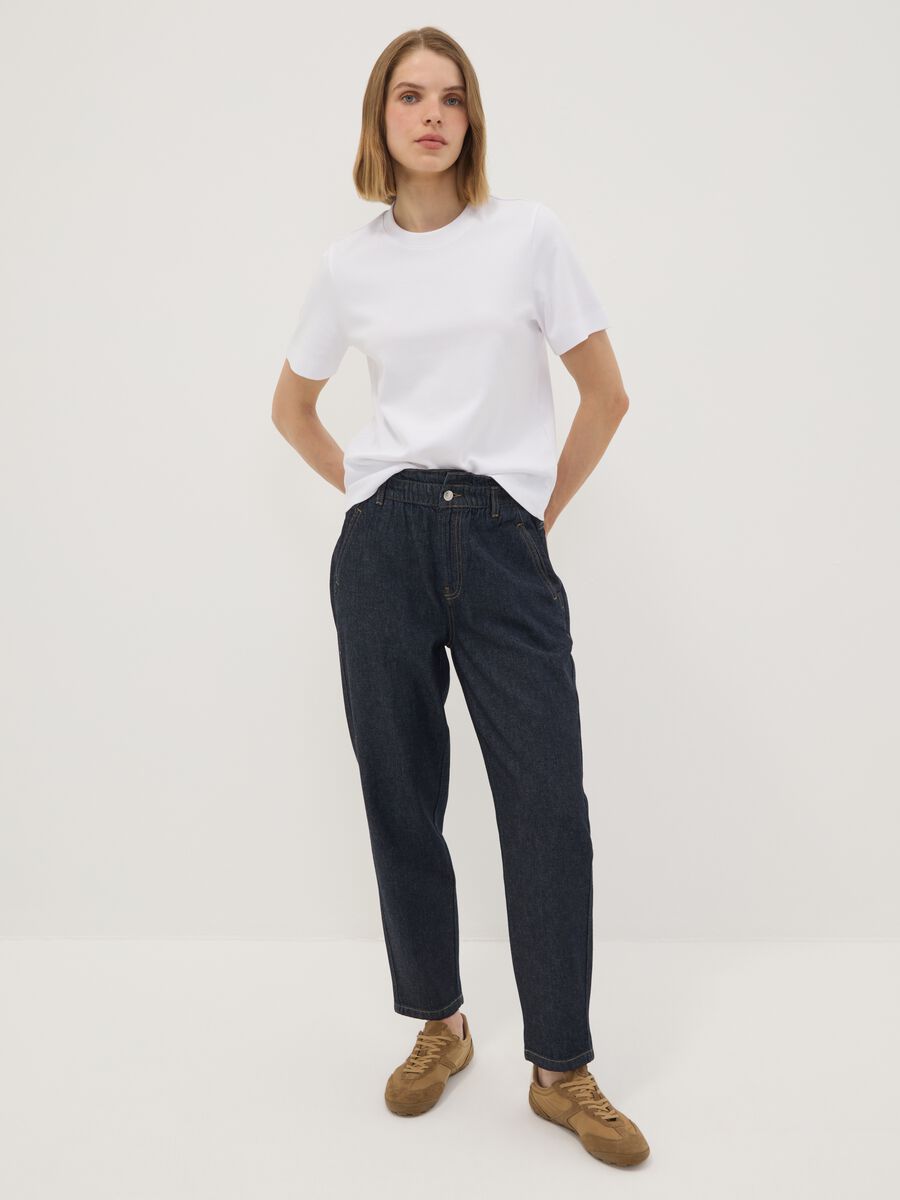 Blue denim baggy-fit pure cotton jeans with paper-bag waist_0