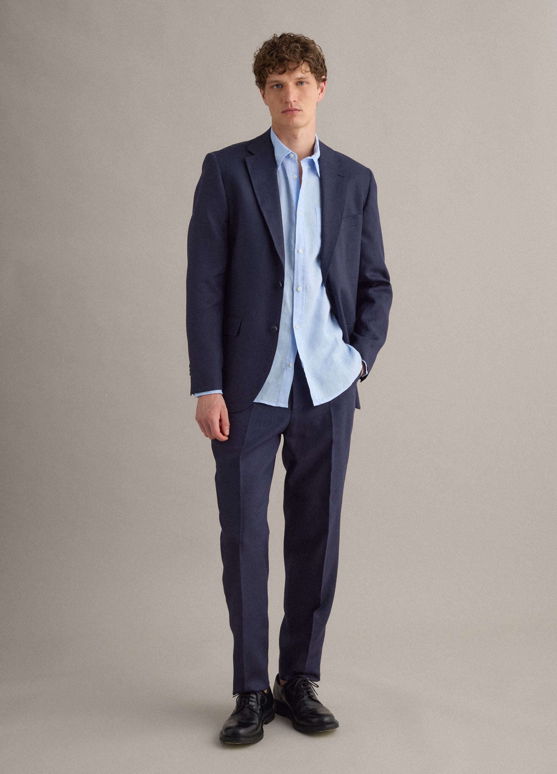 Slim fit blue pure linen trousers