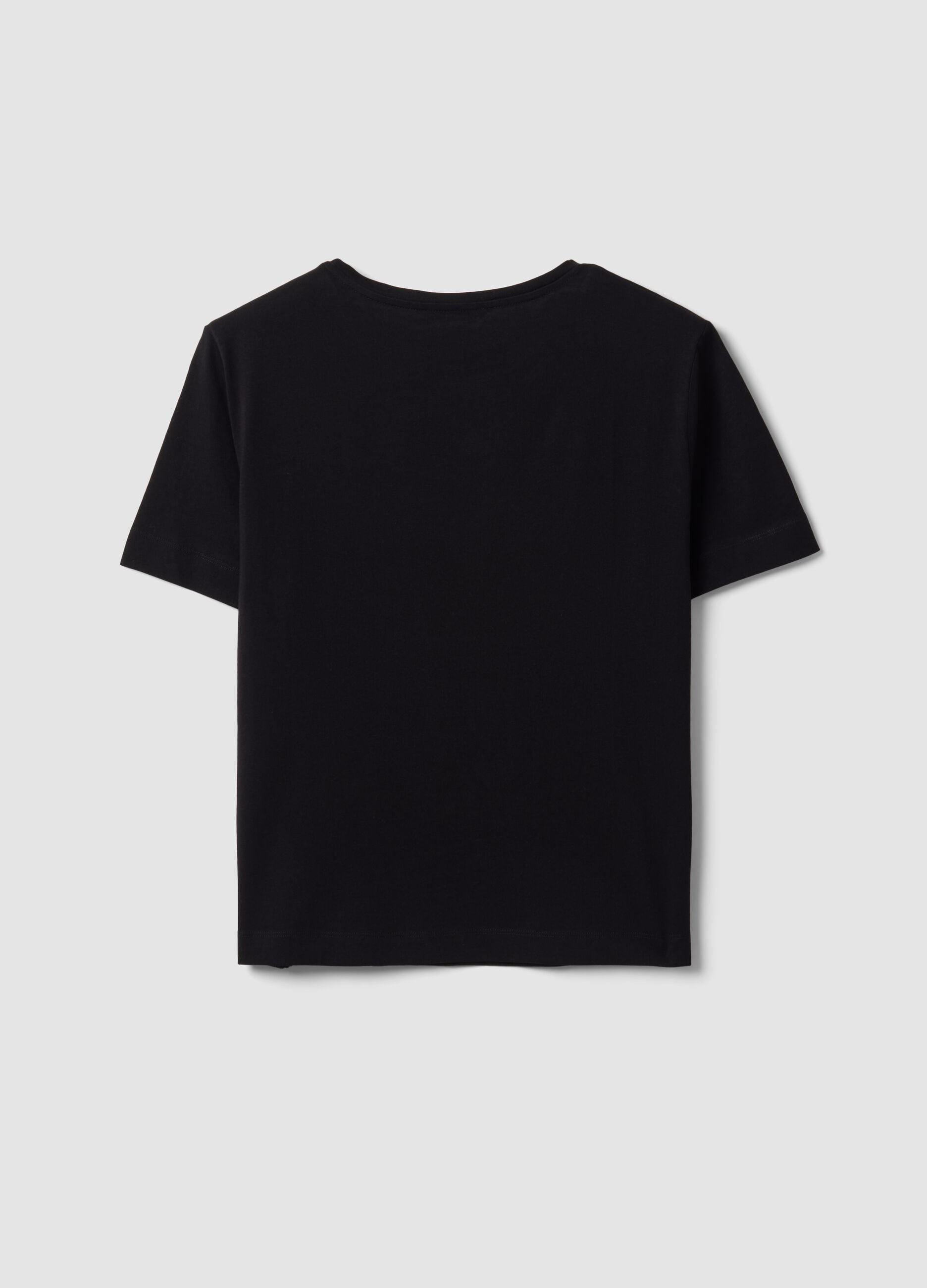 Black pure cotton T-shirt with floral print, regular fit