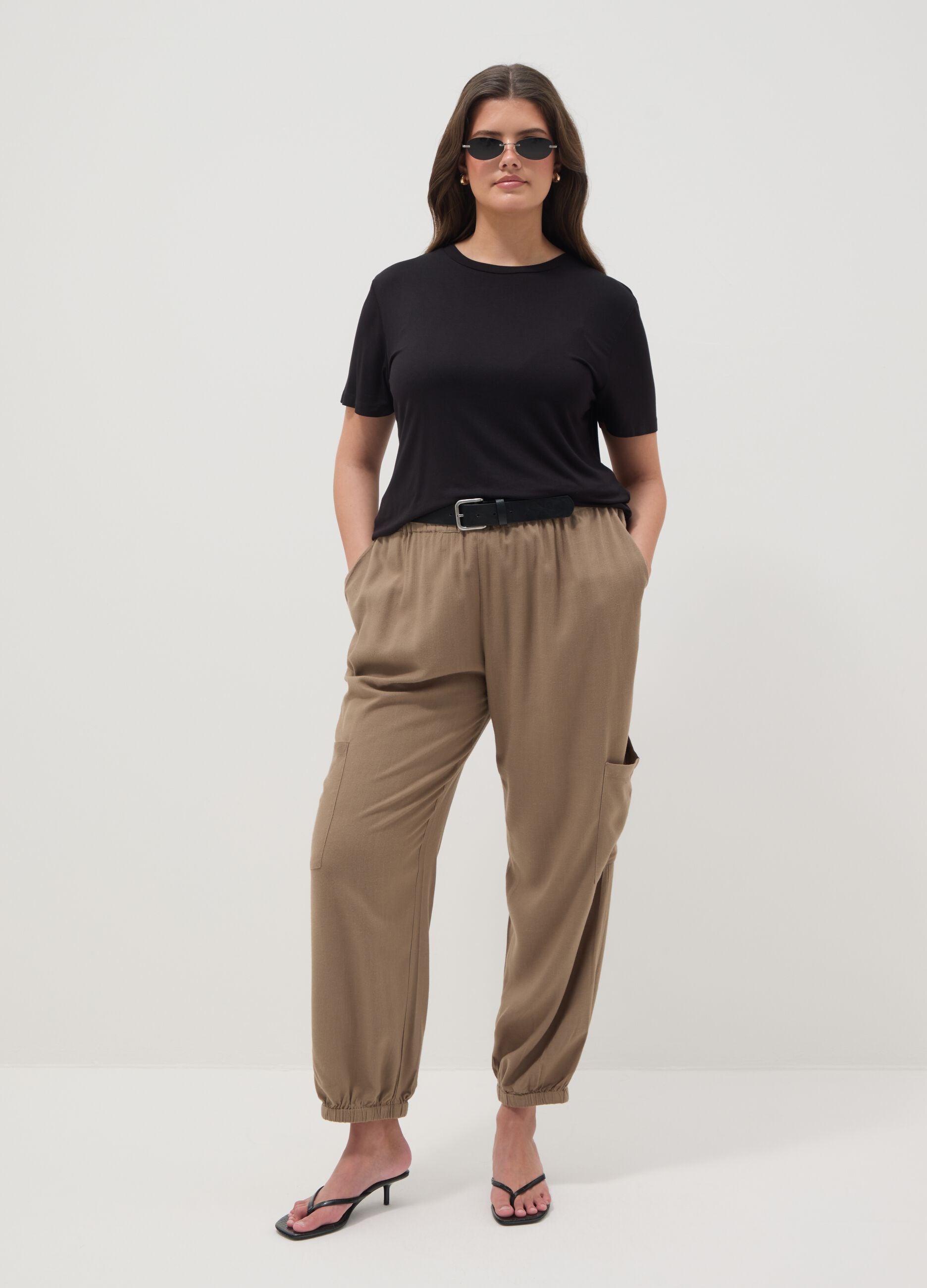 Black stretch viscose regular fit t-shirt with drawstring closure