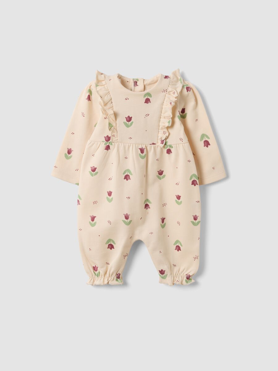 Beige organic cotton baby girl sleepsuit with floral print_0