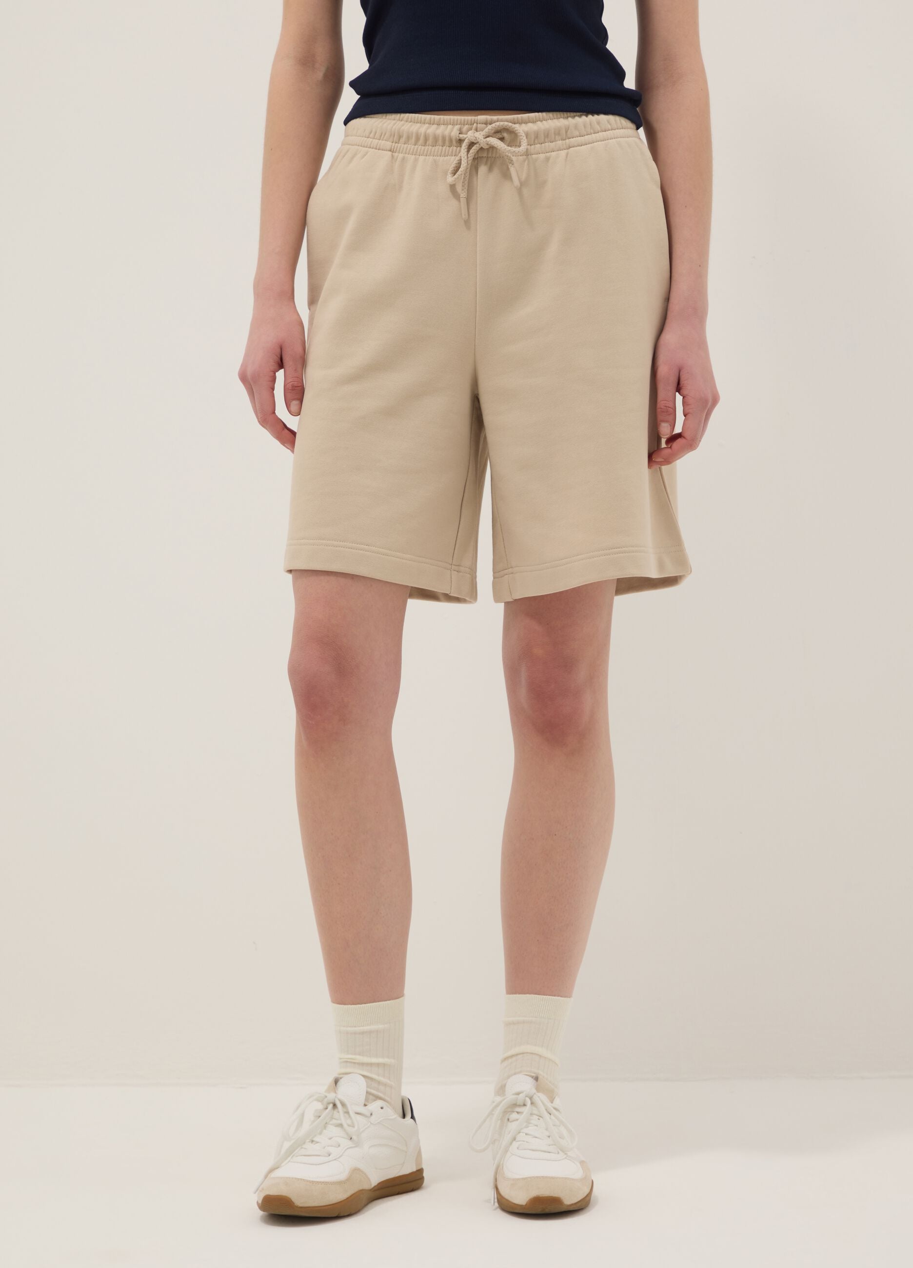 Beige cotton-blend regular-fit shorts with elasticated waist