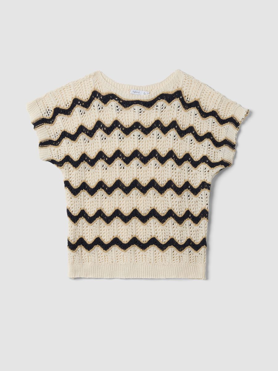 Beige openwork top with blue stripes in stretch cotton, regular fit_4