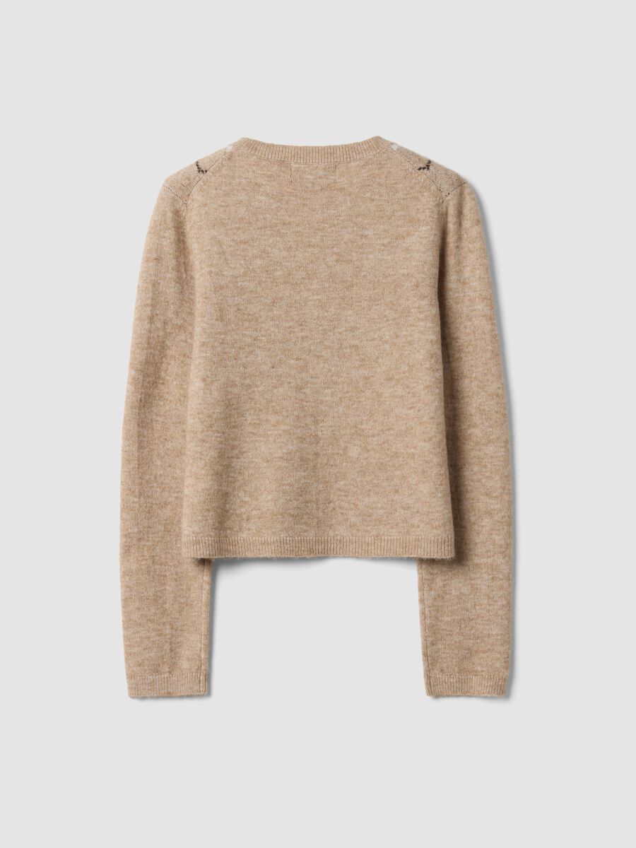 Beige jacquard stretch wool crew-neck cardigan, regular fit_6