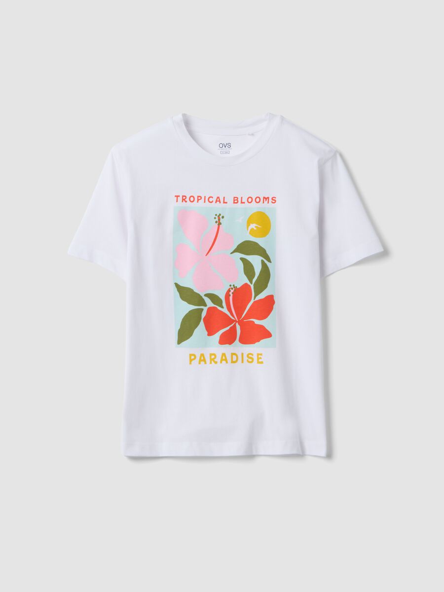 White pure cotton T-shirt with floral print, regular fit_4