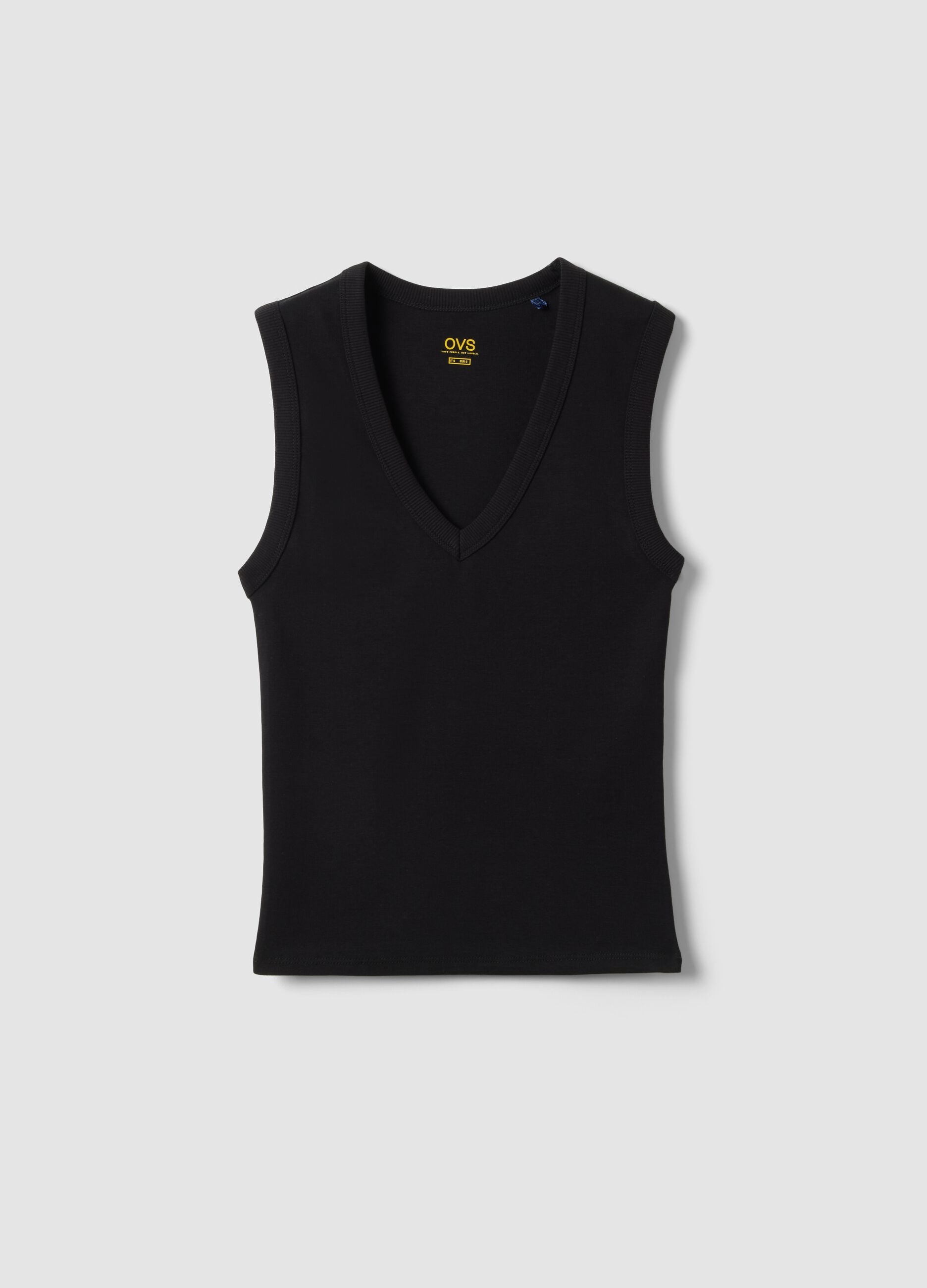 Black pure cotton tank top with V-neck regular fit