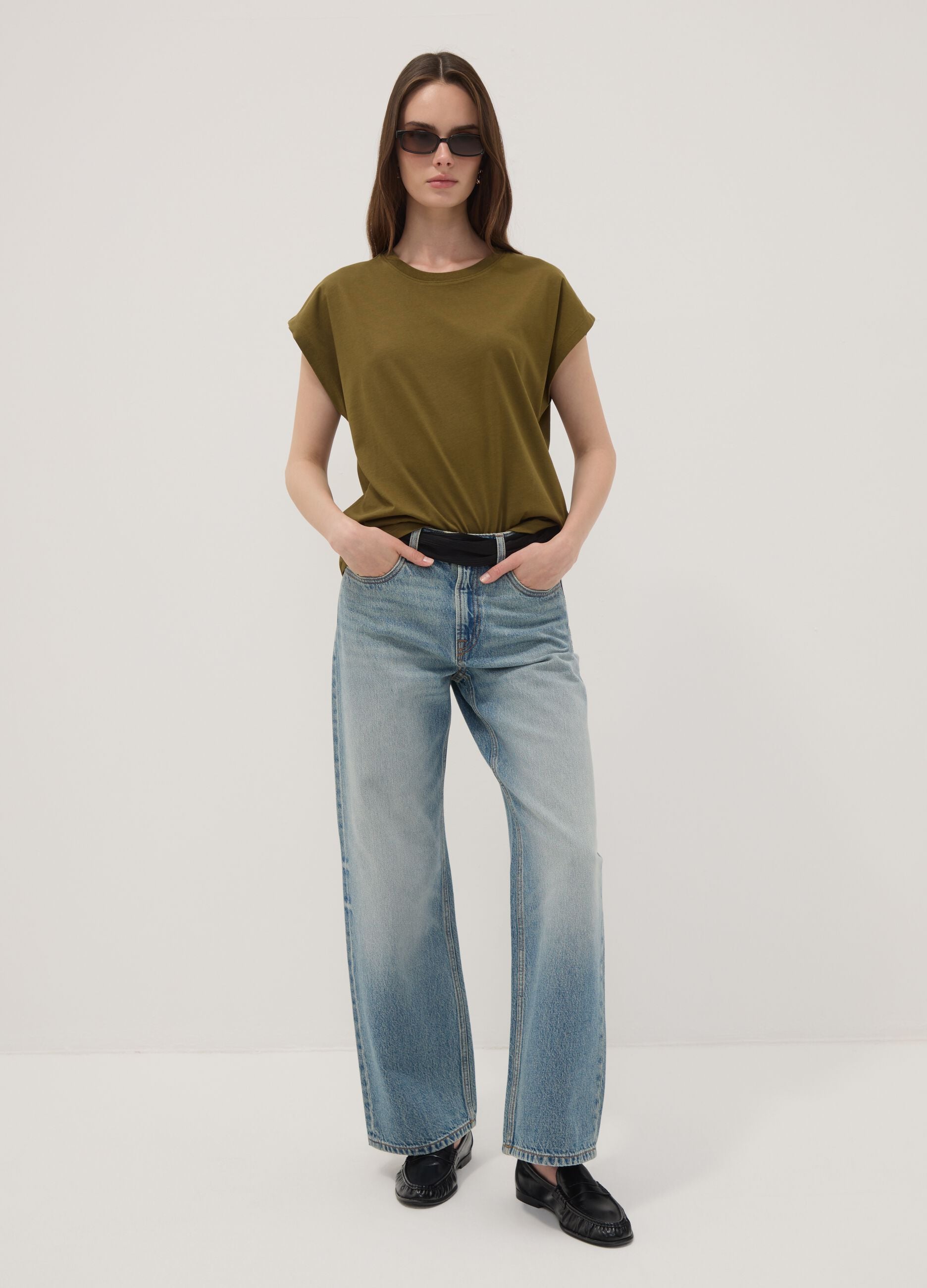 Green pure cotton regular-fit short-sleeve T-shirt