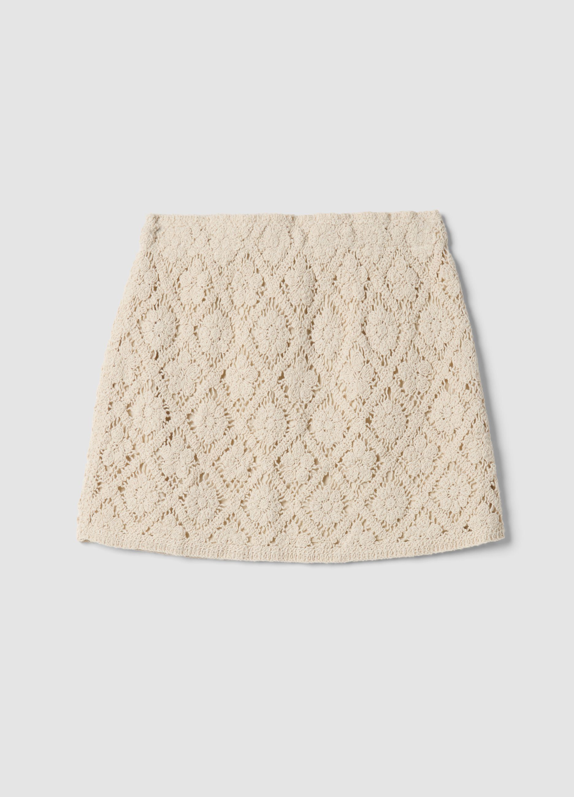 Beige cotton-blend mini skirt with floral lace