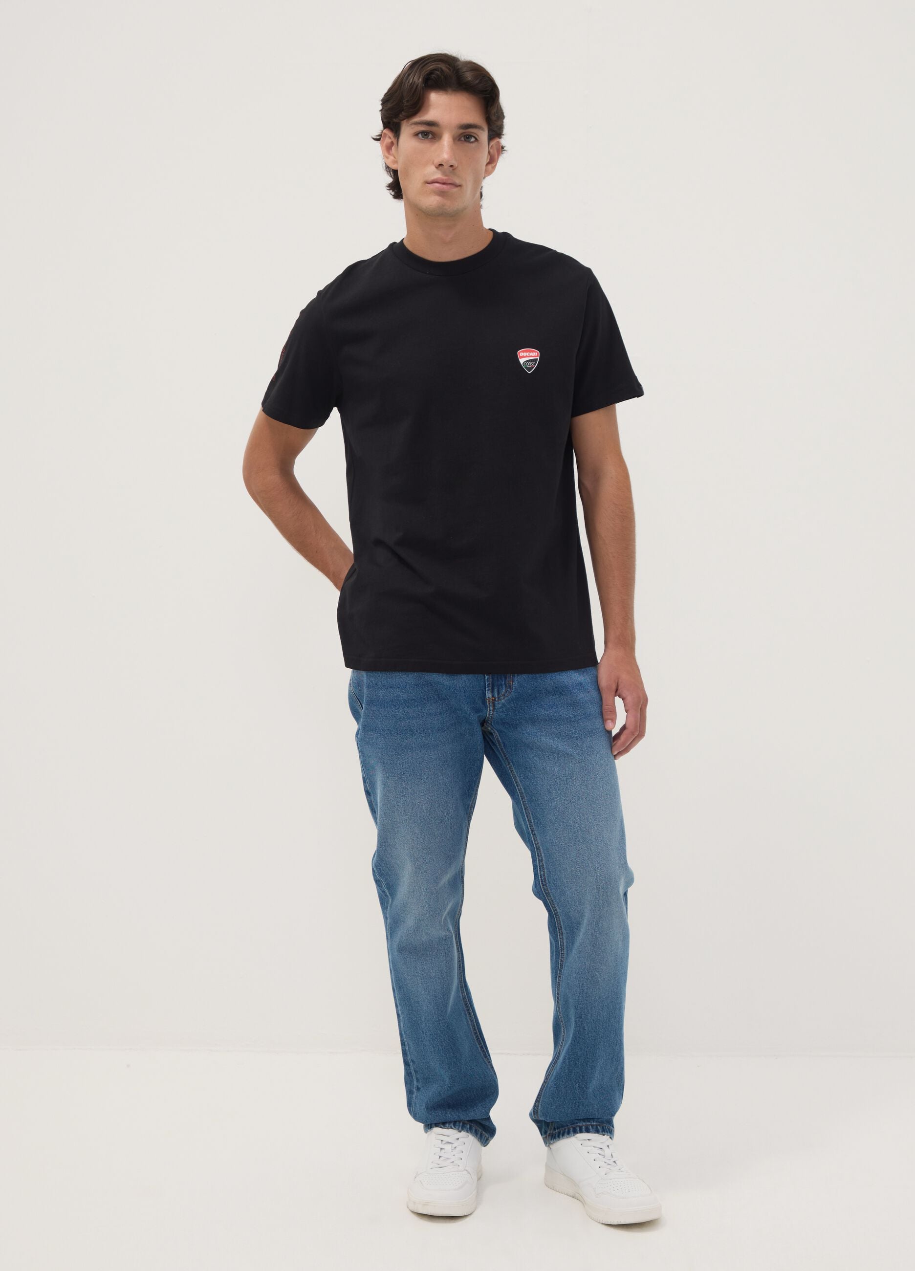 Black pure cotton T-shirt with Ducati print, regular fit