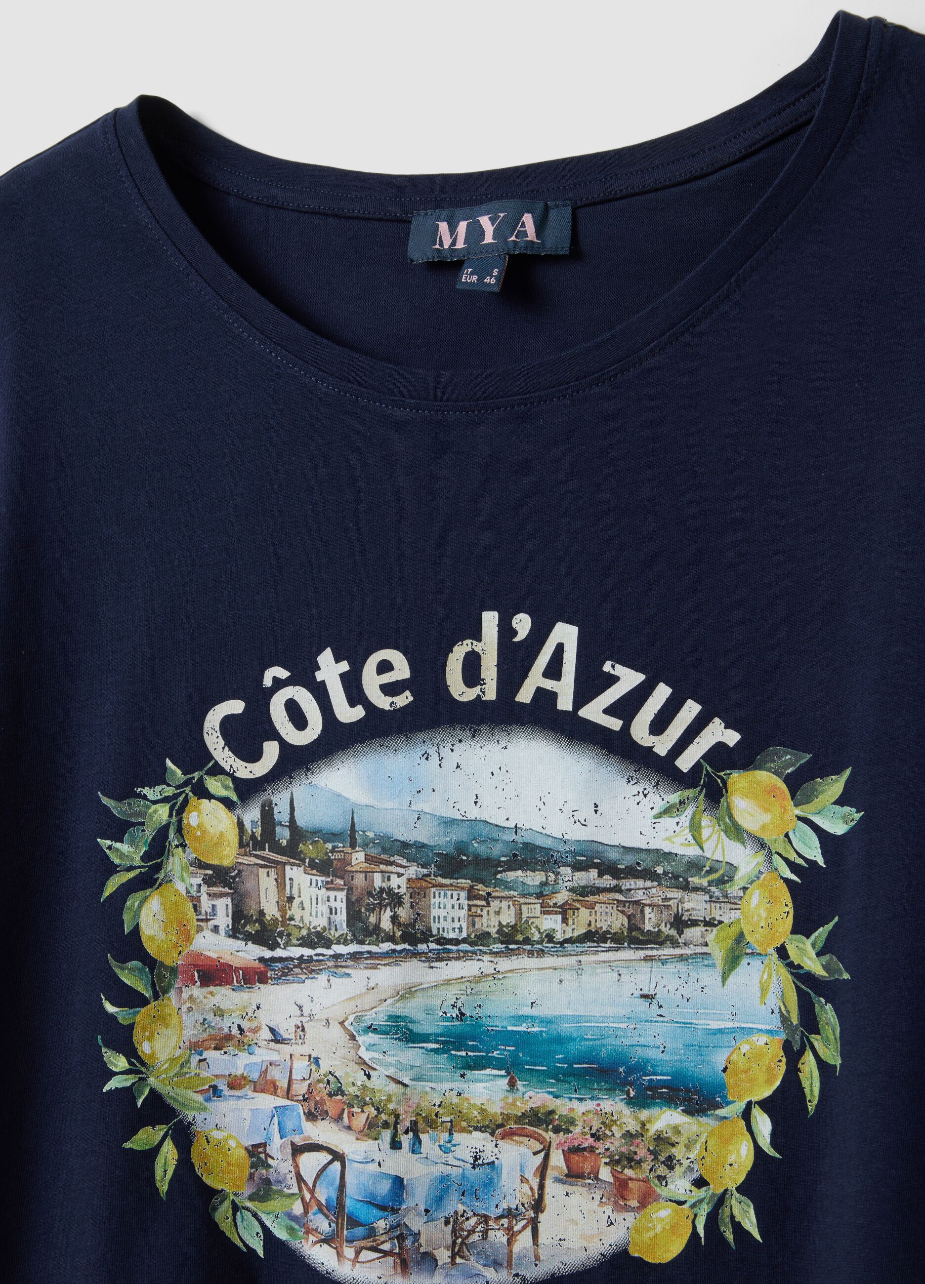 Blue pure cotton T-shirt regular fit with print