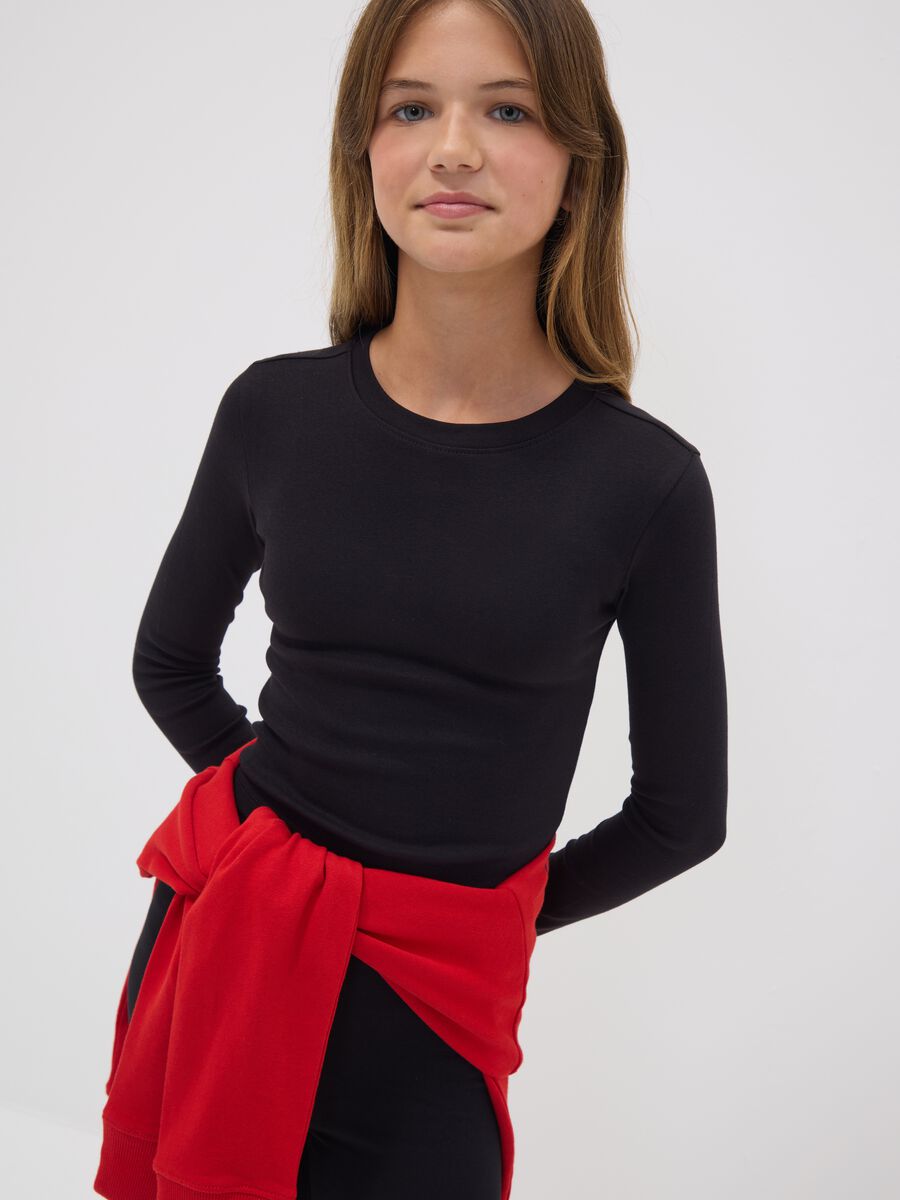 Girls&rsquo; black organic stretch cotton T-shirt with ribbed neckline_1