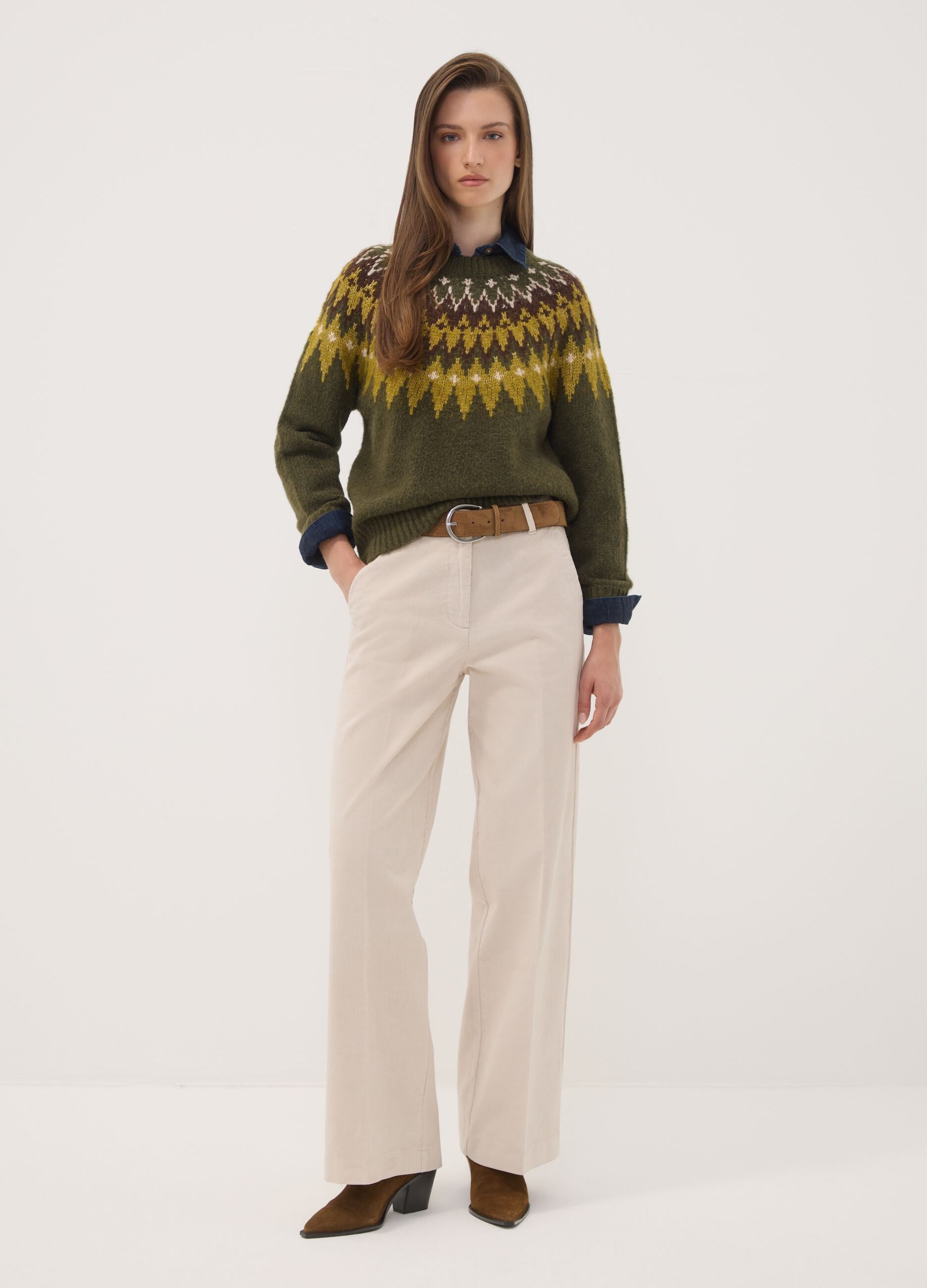 Green jacquard crew-neck jumper
