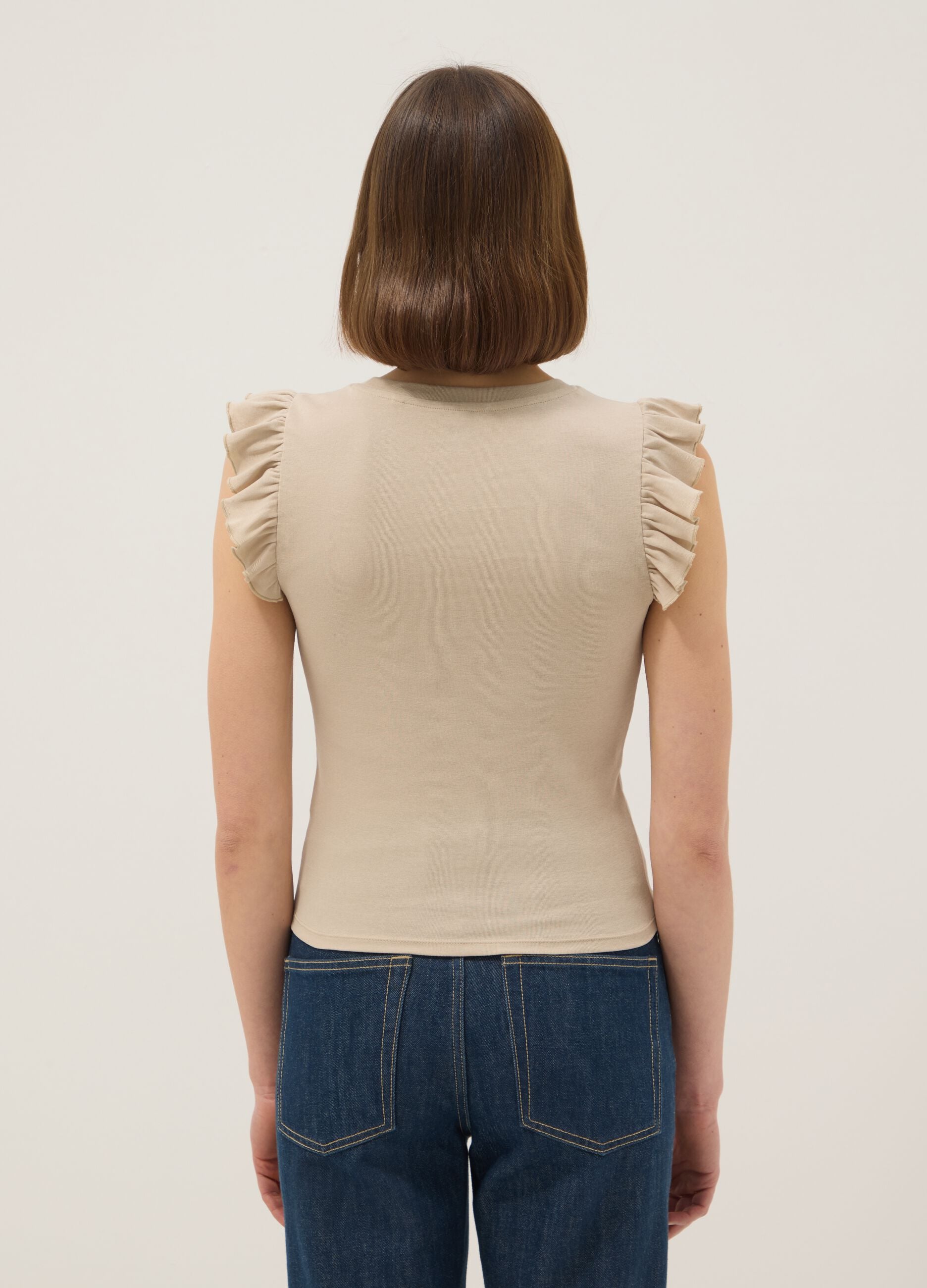 Beige slim fit pure cotton t-shirt with ruffles