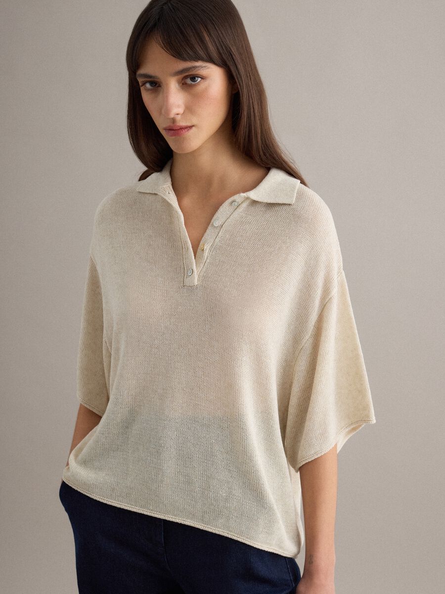 Beige Regular Fit Polo with Elbow-Length Sleeves_2